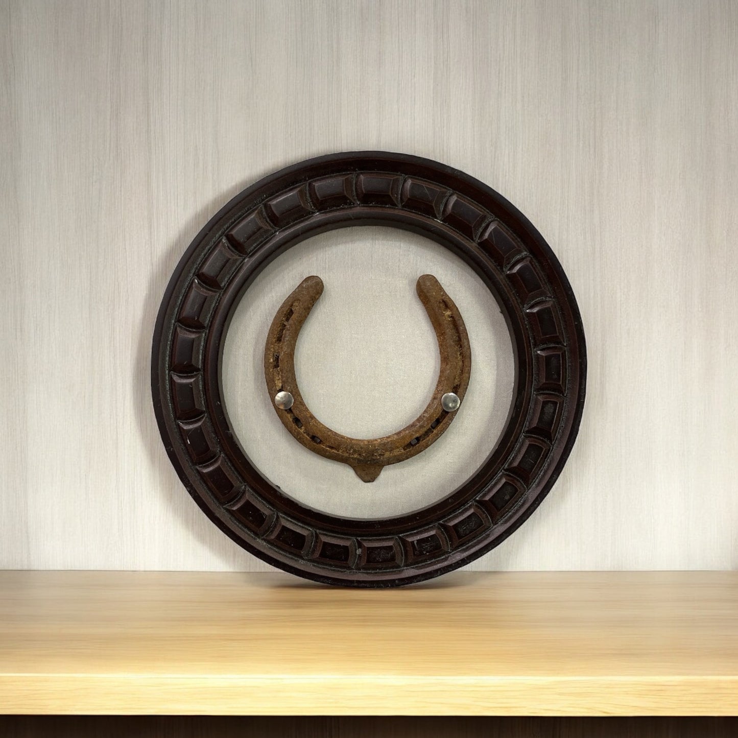 Good Luck Horse Shoe Natural with off white silk backdrop carved circular wooden frame