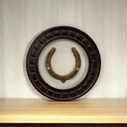 Good Luck Horse Shoe Natural with off white silk backdrop carved circular wooden frame