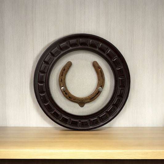 Good Luck Horse Shoe Natural with off white silk backdrop carved circular wooden frame
