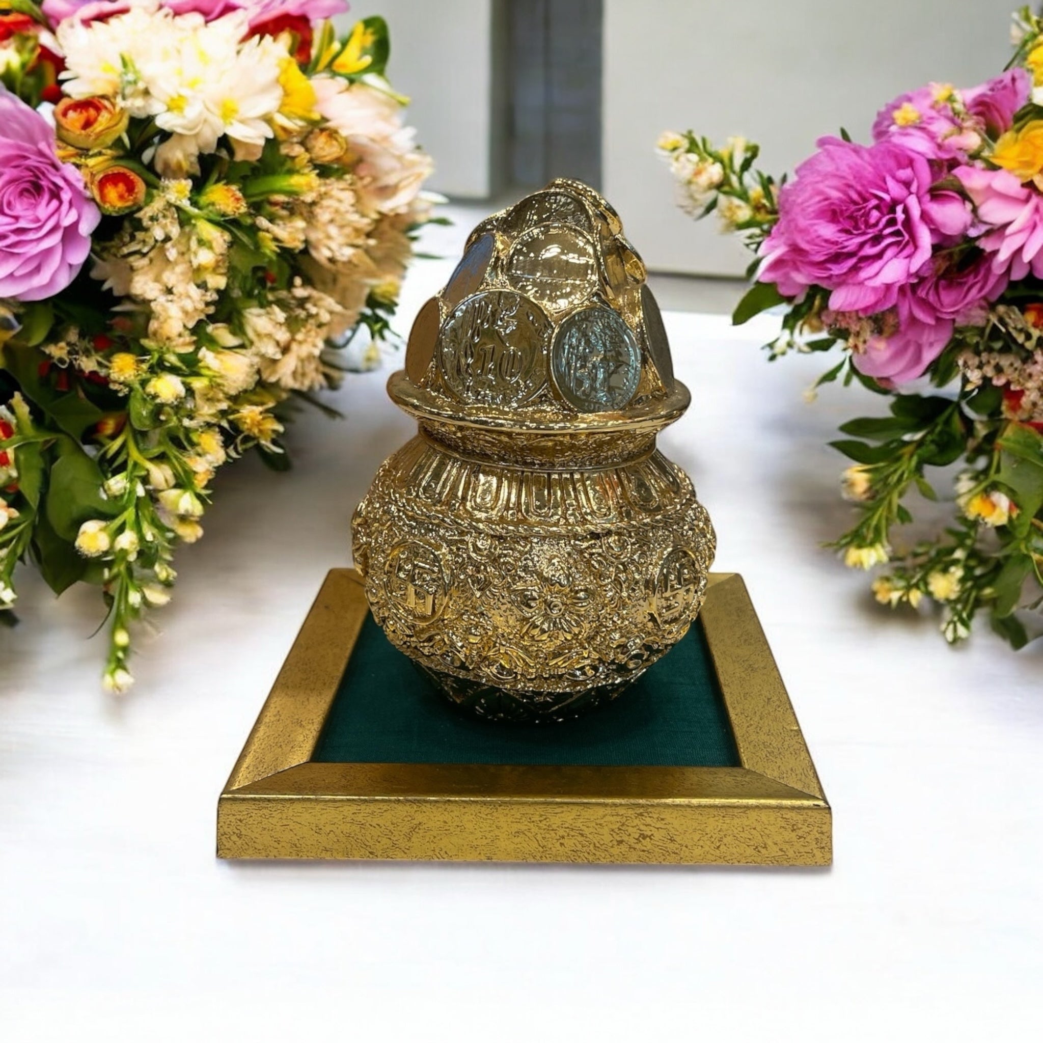 Kuber Kalash with World Currency Gold plated with Free Base Green Or Blue