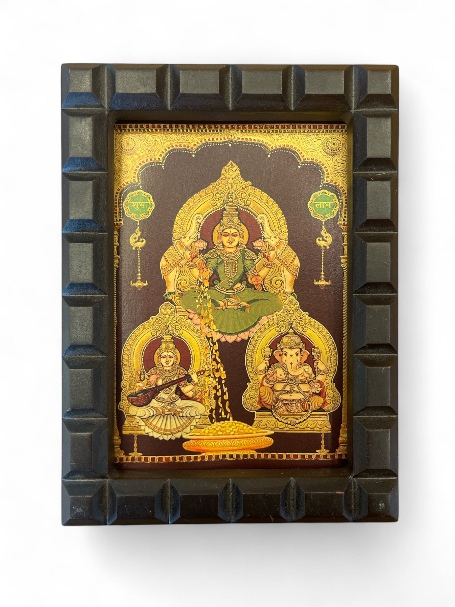 Lakshmi Ganesha Saraswati Gold foiled art in wooden frame