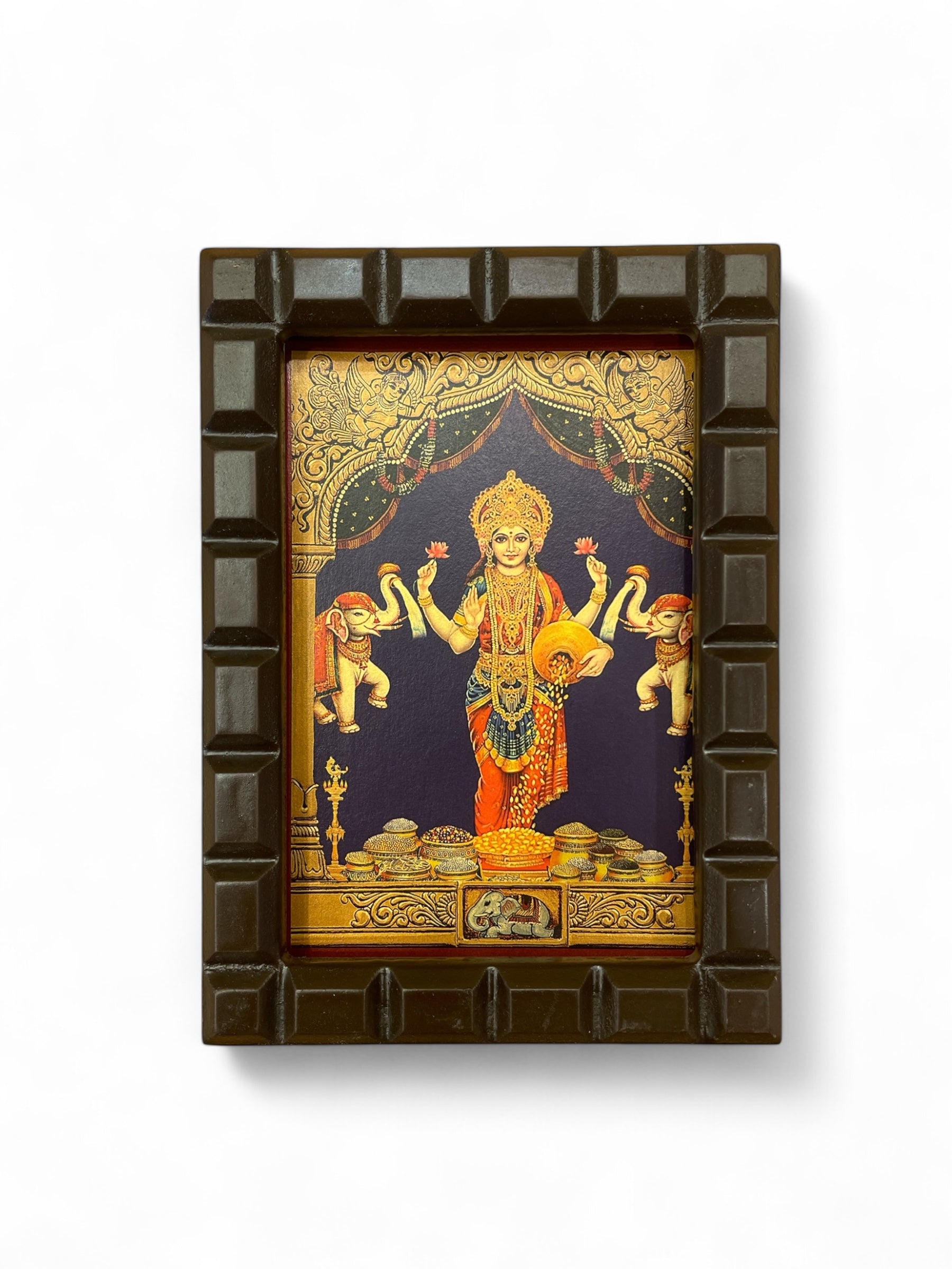 Gaja Lakshmi-5 Gold Leafed Art within Wooden frame