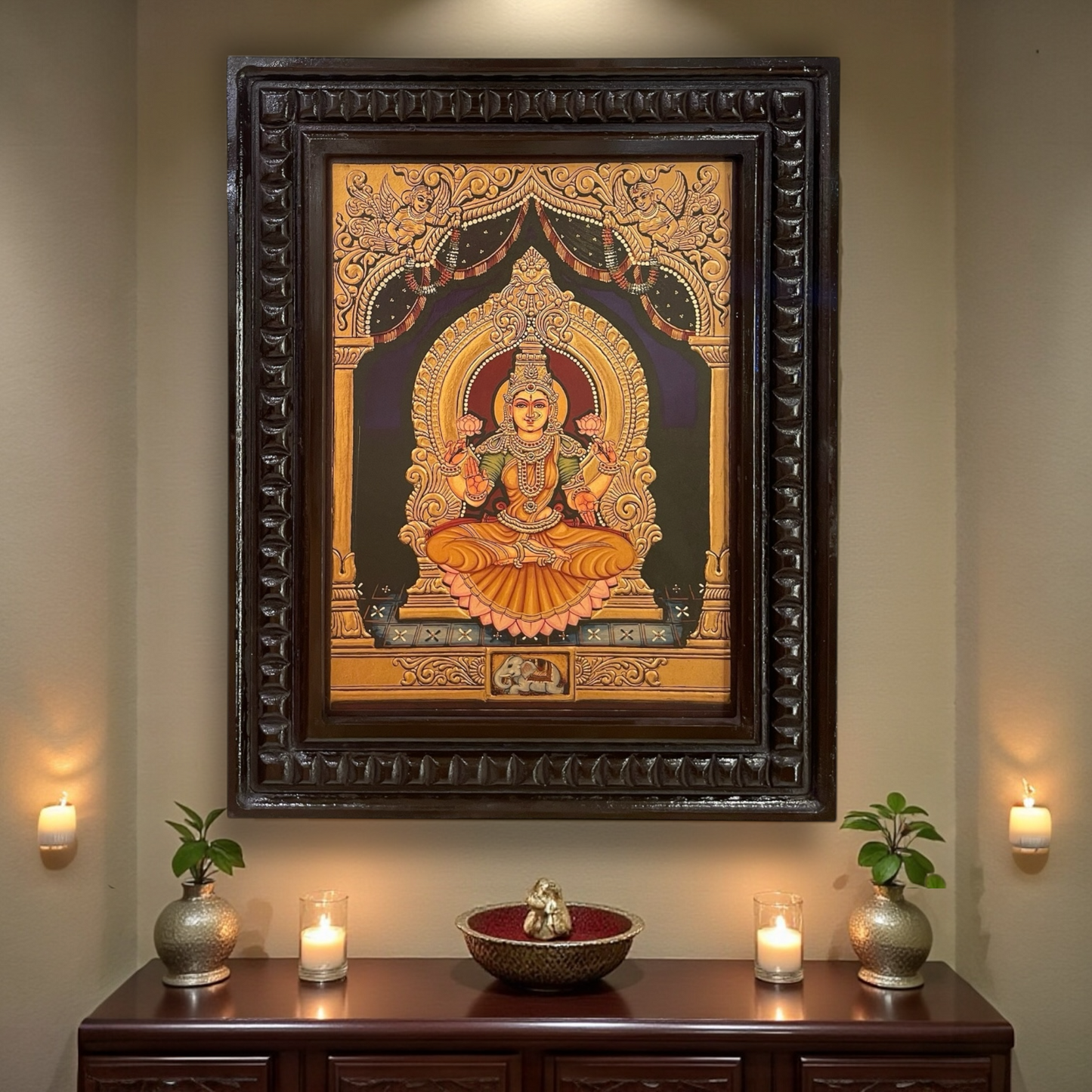 Shree Lakshmi Gold Leafed Art With Wooden Frame