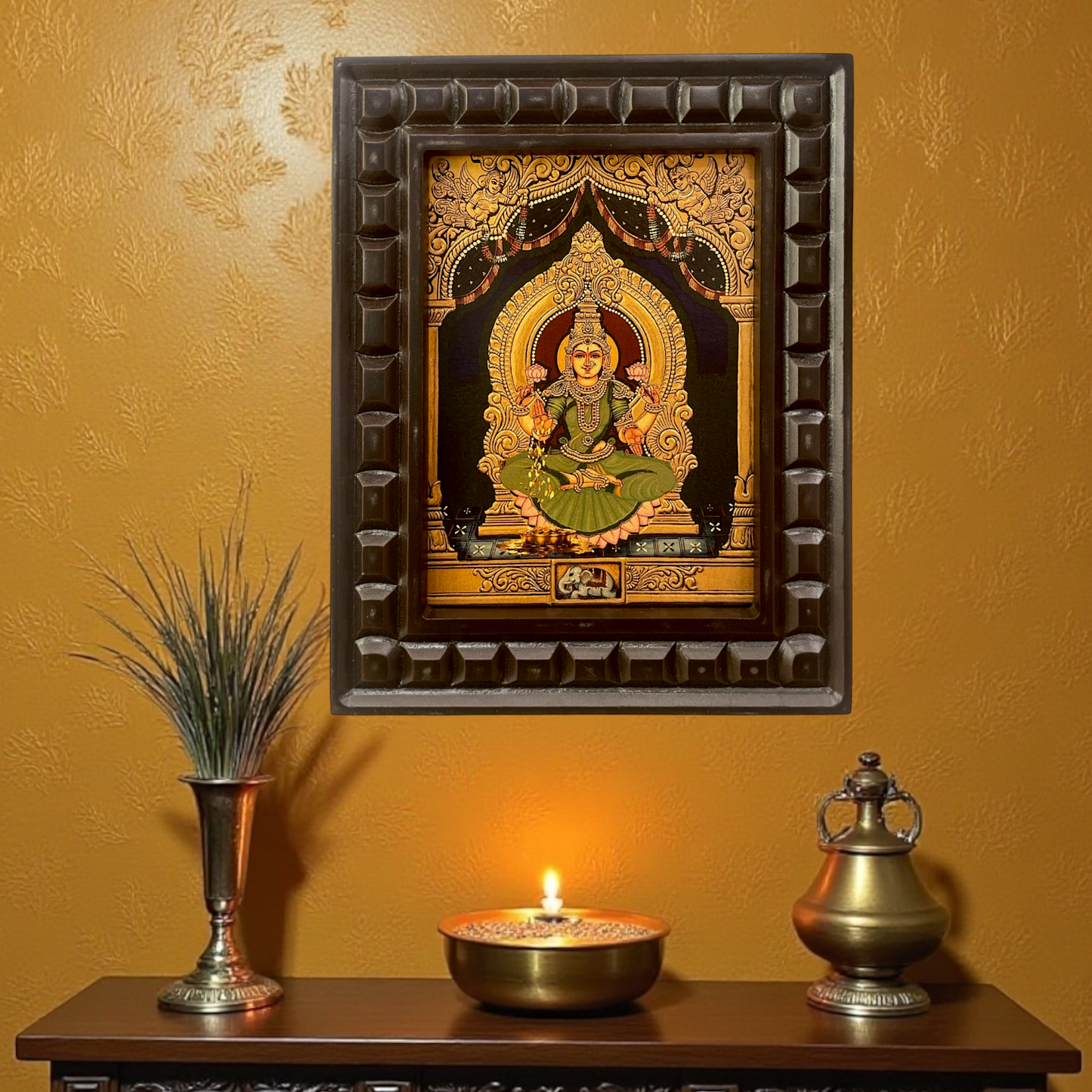 Shree Lakshmi-2 (Green Saree) Gold Leafed Art within Wooden frame