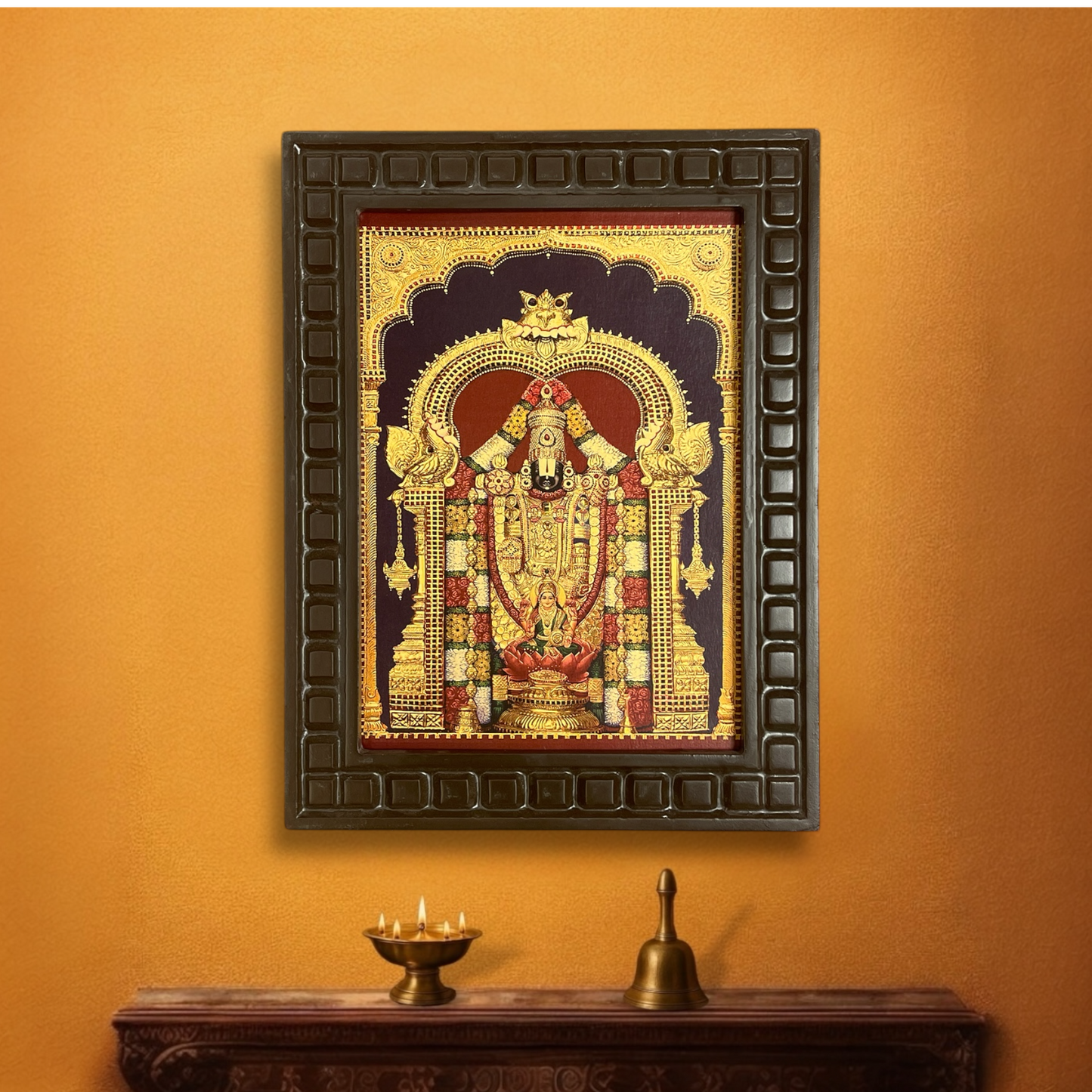 Tirupati Balaji Gold Leafed Art With Wooden Frame