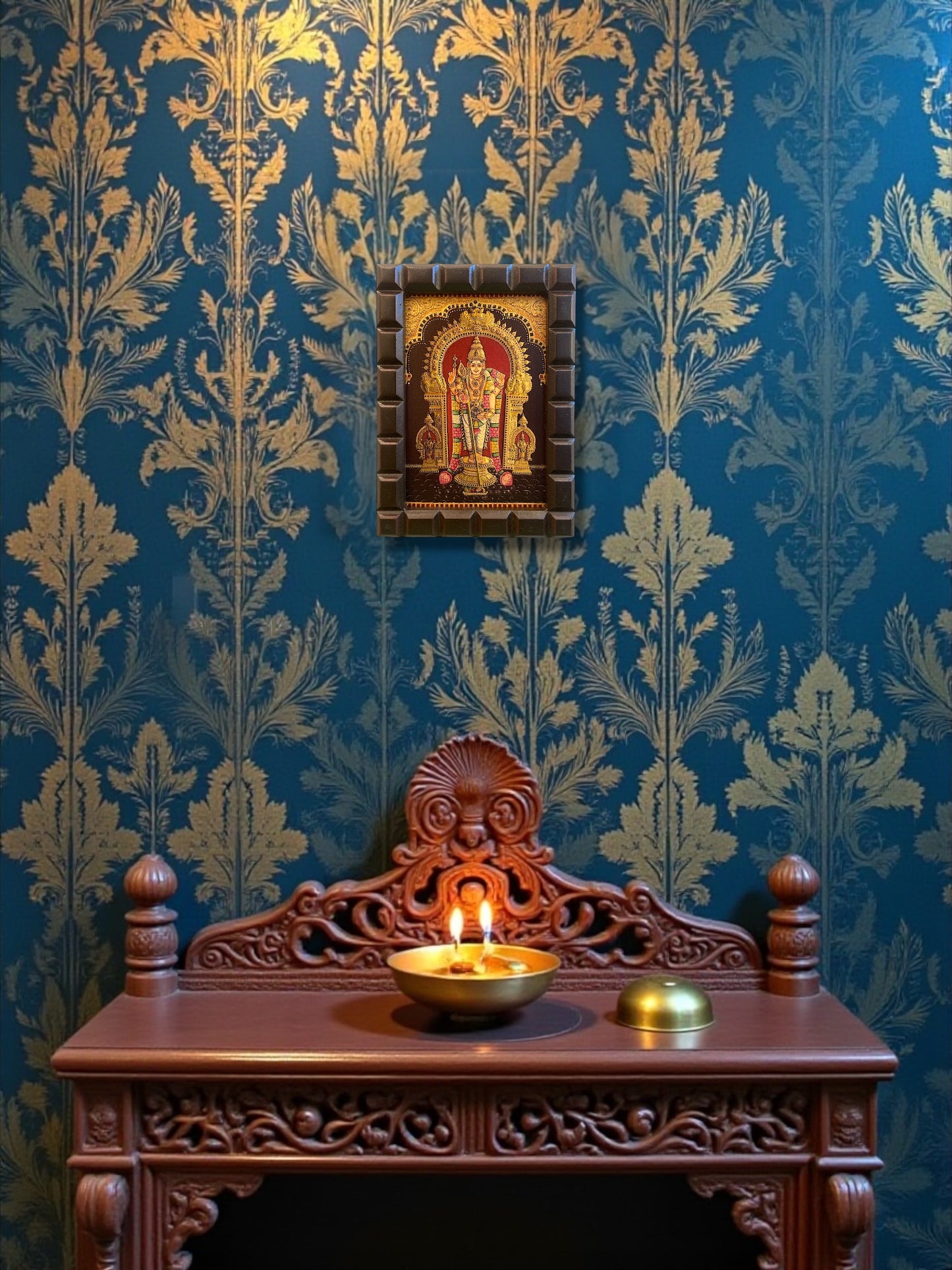 Murugan : Tiruchendar Murugan Gold Leafed Art With Wooden Frame