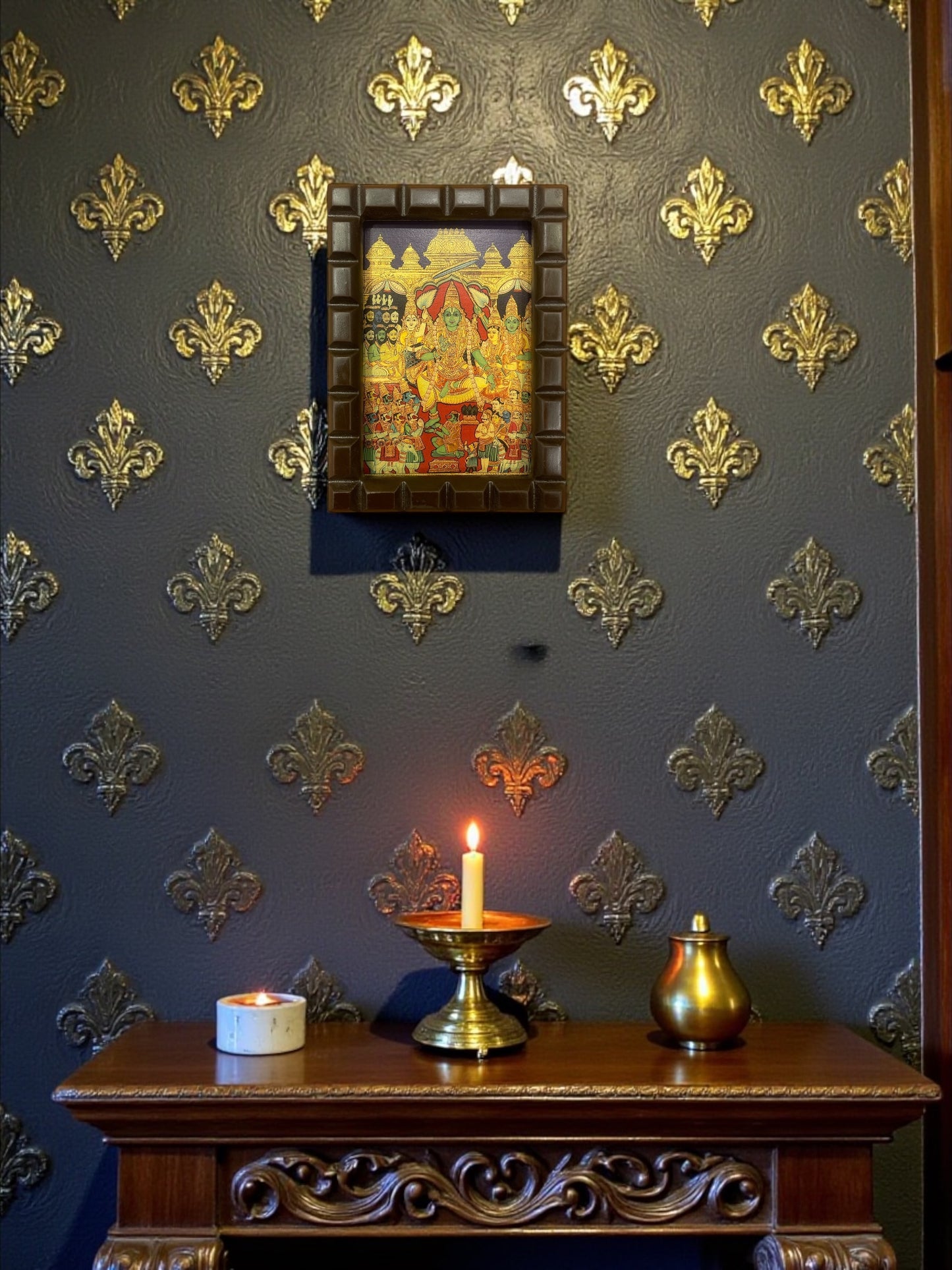Rama Pattabhishekam Gold Leafed Art With Wooden Frame