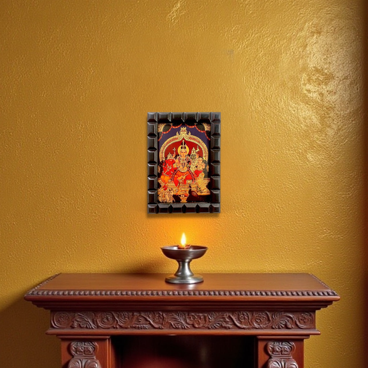 Shiva Parivar Gold Leafed Art  With Wooden Frame