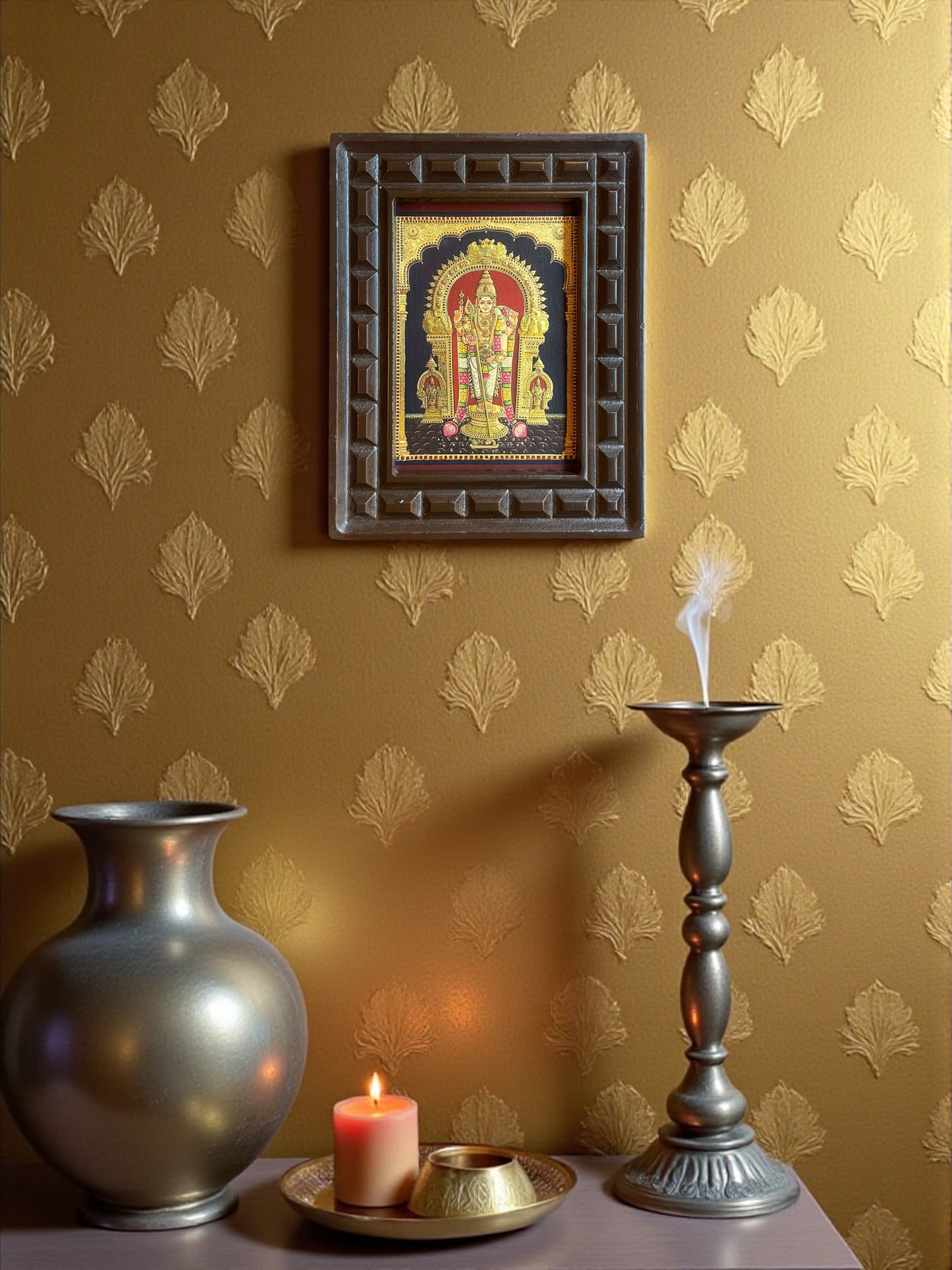 Murugan : Tiruchendar Murugan Gold Leafed Art With Wooden Frame