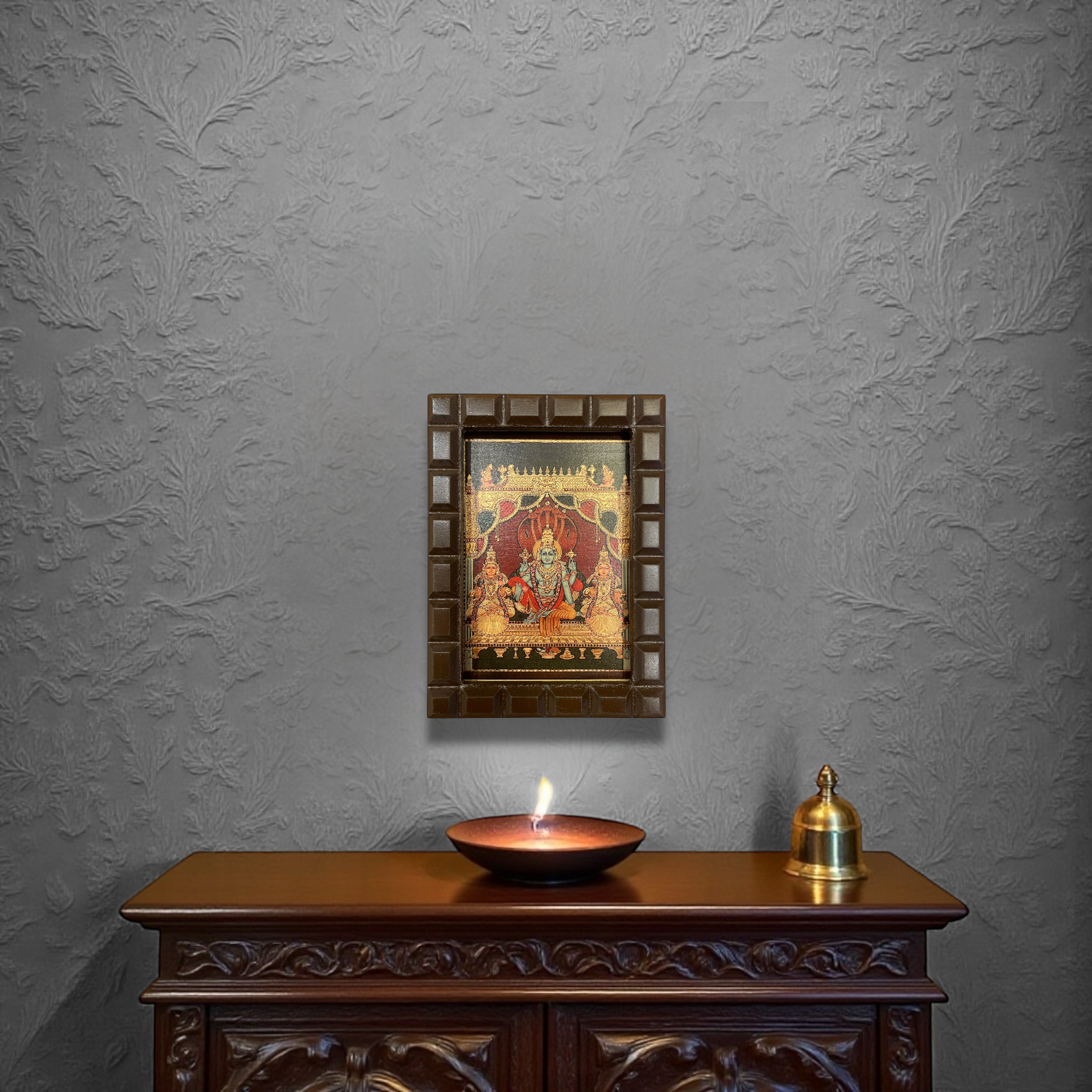 Vishnu: Gold Leafed Art Mahavishnu with Bhudevi & Shreedevi  With Wooden Frame