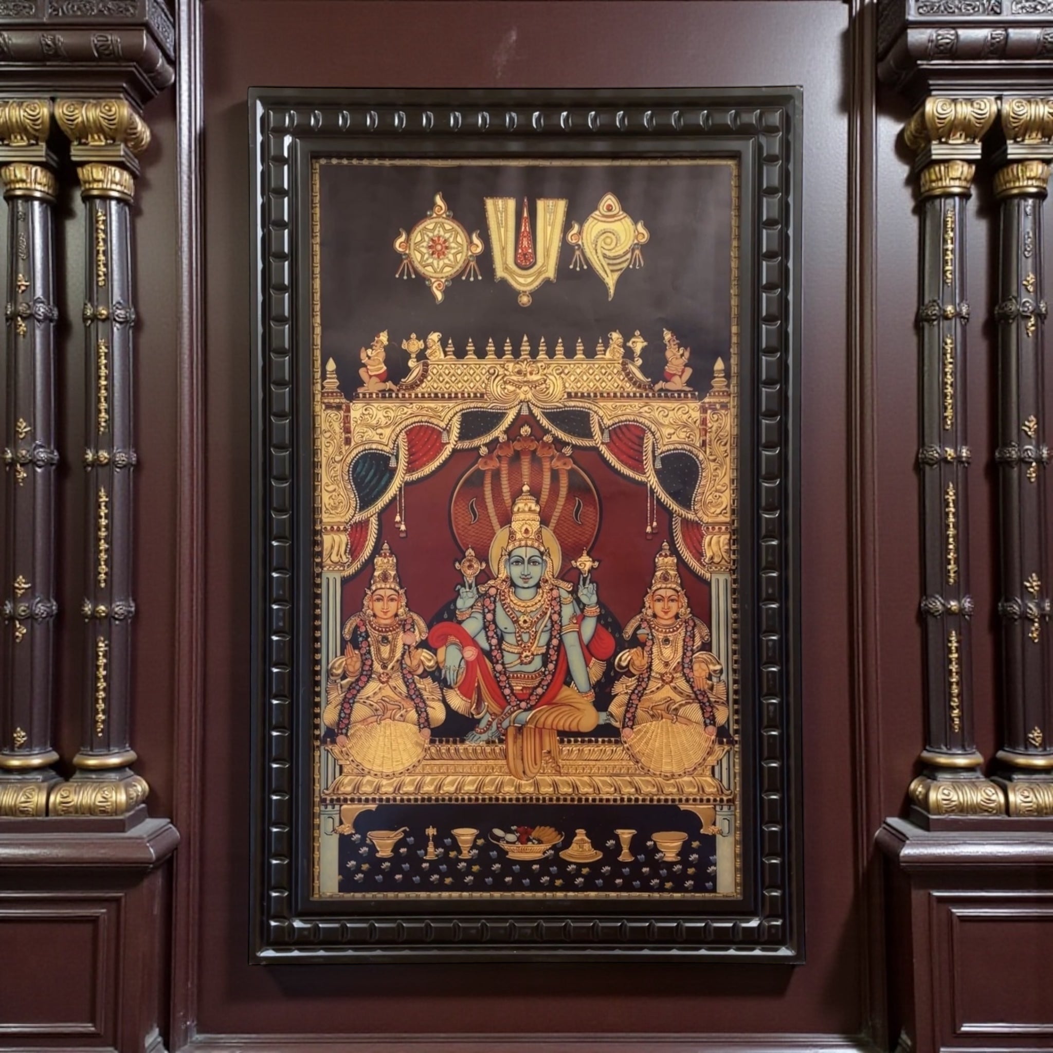 Vishnu Gold Leafed Art Mahavishnu with Bhudevi & Shreedevi  With Wooden Frame
