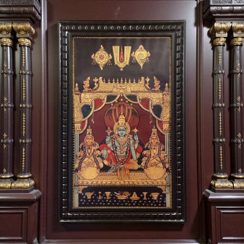 Vishnu: Gold Leafed Art Mahavishnu with Bhudevi & Shreedevi With Wooden Frame