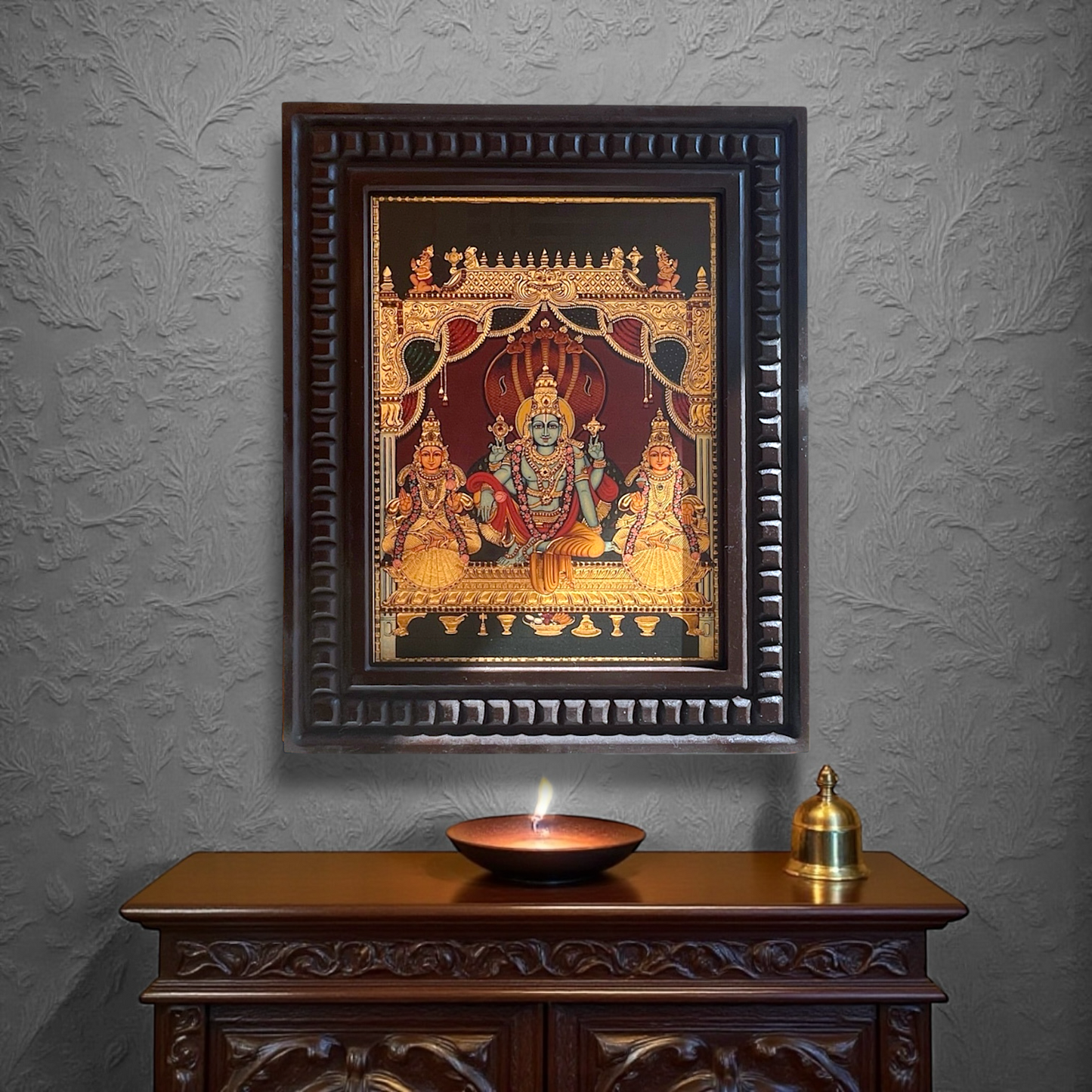 Vishnu: Gold Leafed Art Mahavishnu with Bhudevi & Shreedevi  With Wooden Frame