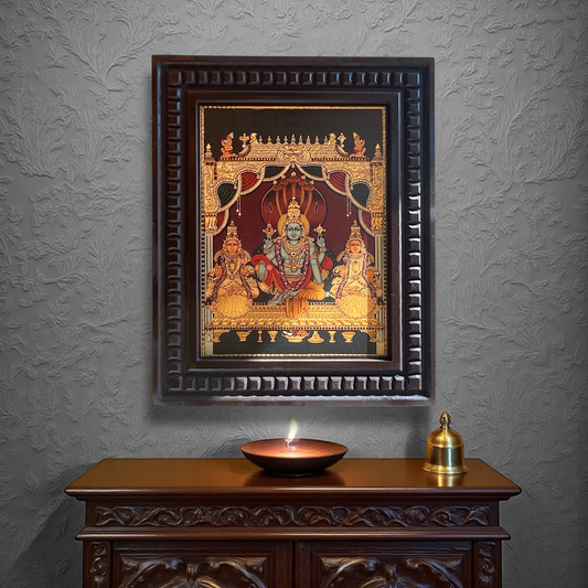 Vishnu: Gold Leafed Art Mahavishnu with Bhudevi & Shreedevi  With Wooden Frame