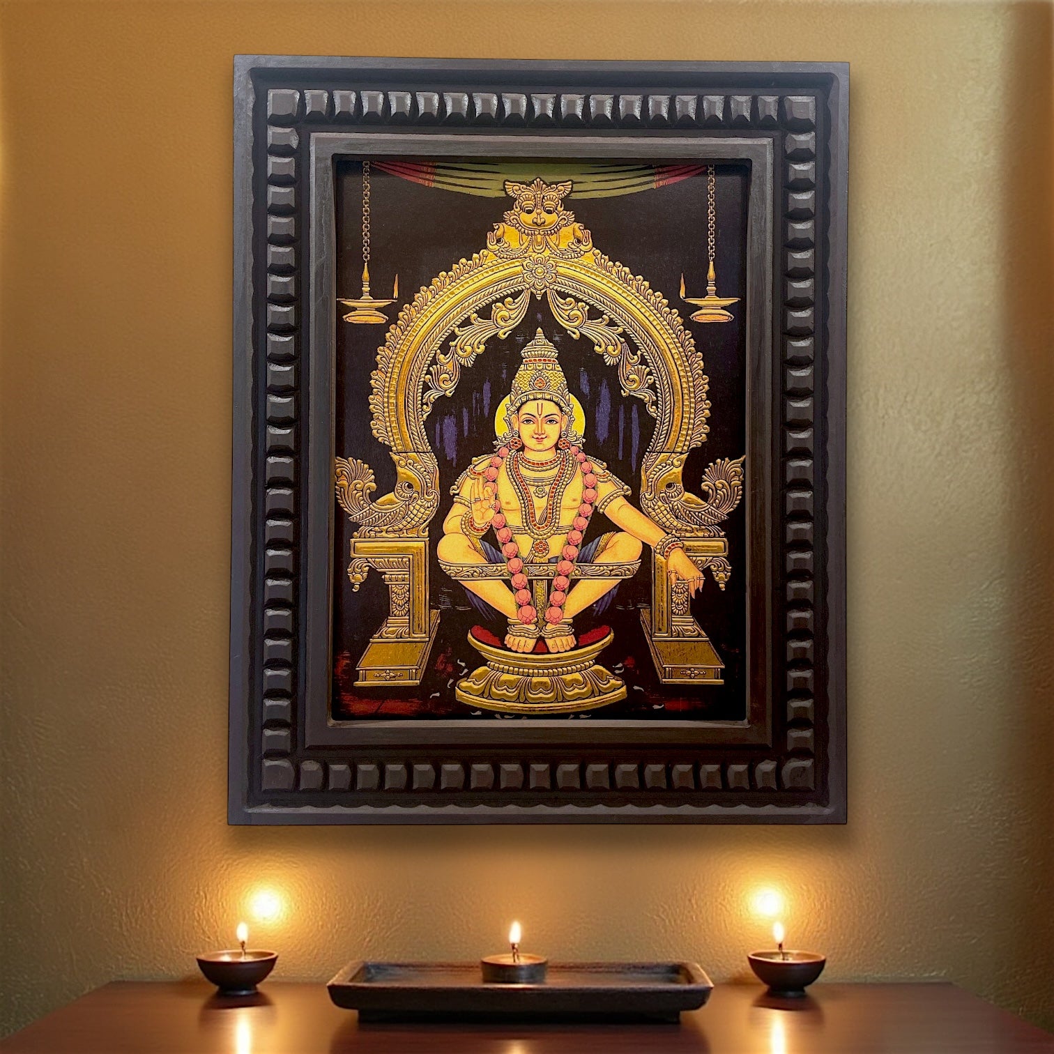 Ayyappa Swami Gold Leafed Art With Wooden Frame