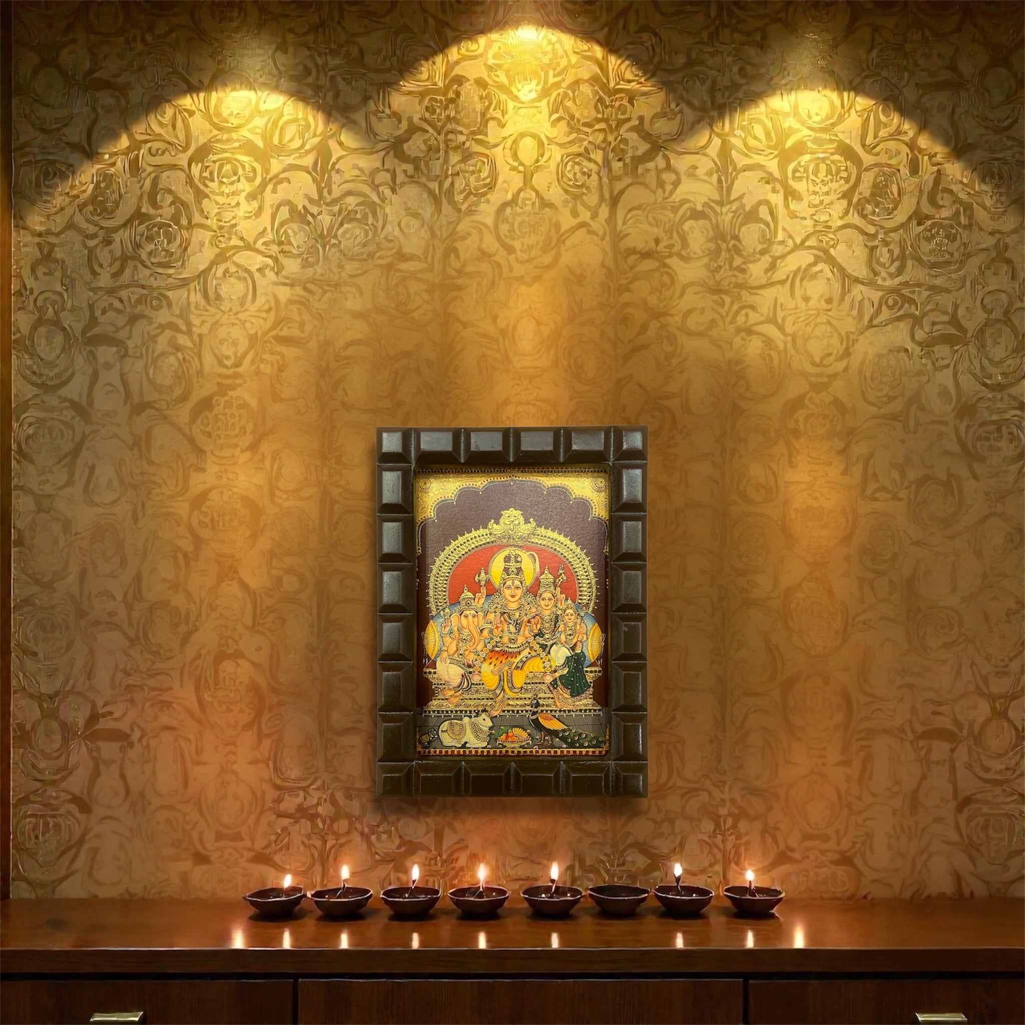 Shiva Parivar-3 Gold Leafed Art With Wooden Frame