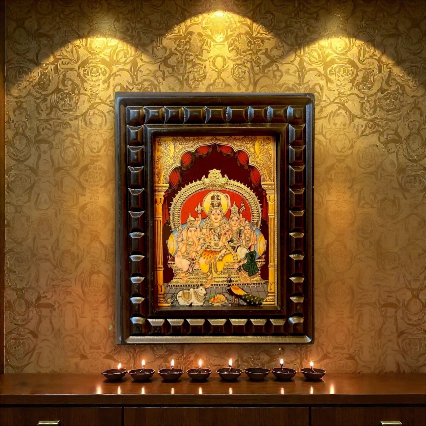 Shiva Parivar-3 Gold Leafed Art With Wooden Frame