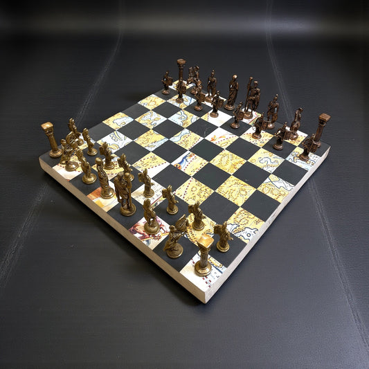 Luxury Brass Chess Set with World Map Board | Dual-Finish Roman Pawns | 16” Handcrafted Wooden Chessboard