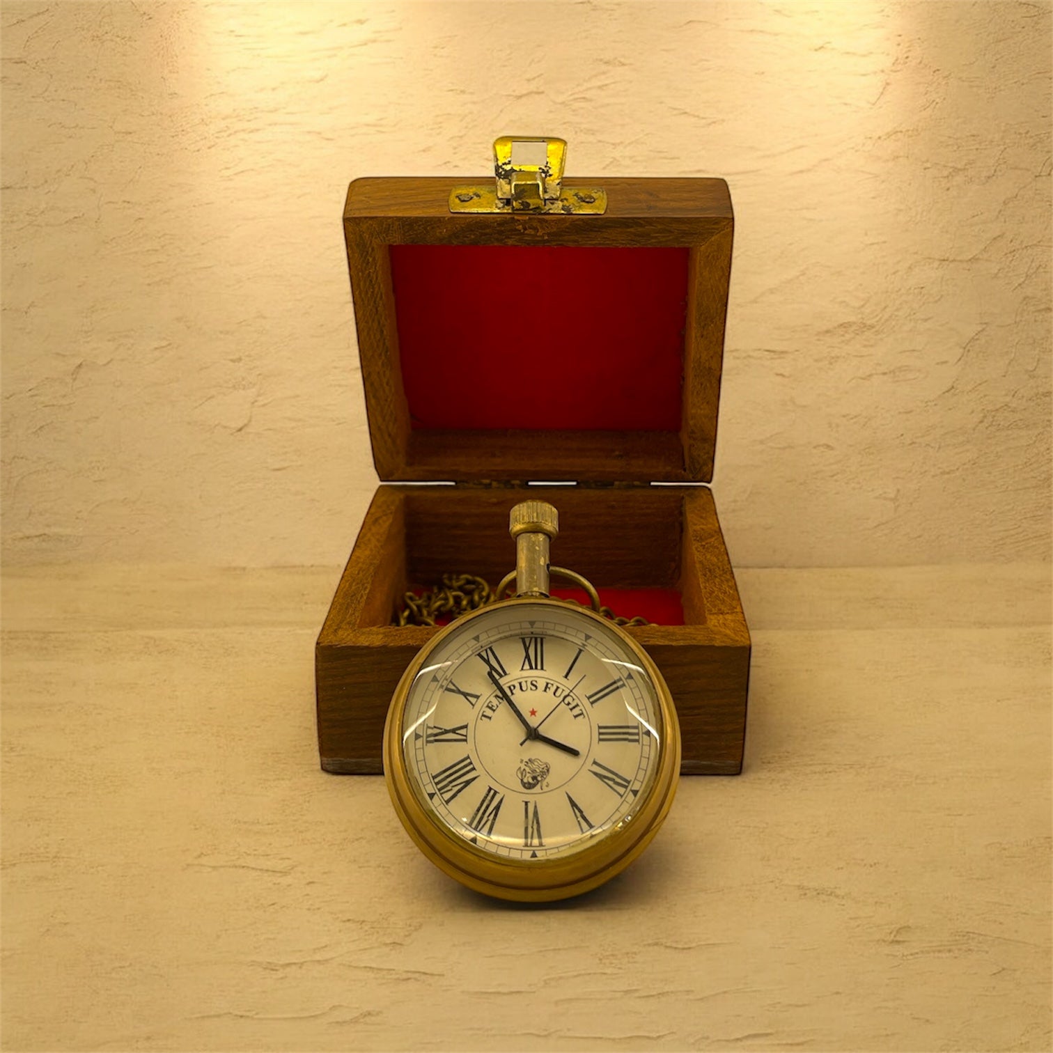 Tempus Fugit Vintage Brass Pocket Watch with Wooden Case
