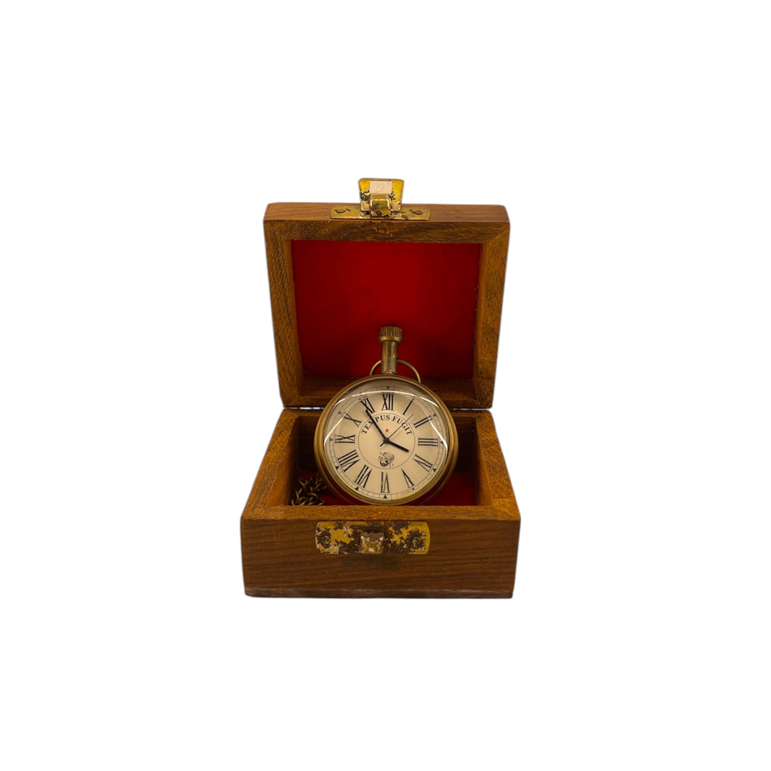 Tempus Fugit Vintage Brass Pocket Watch with Wooden Case