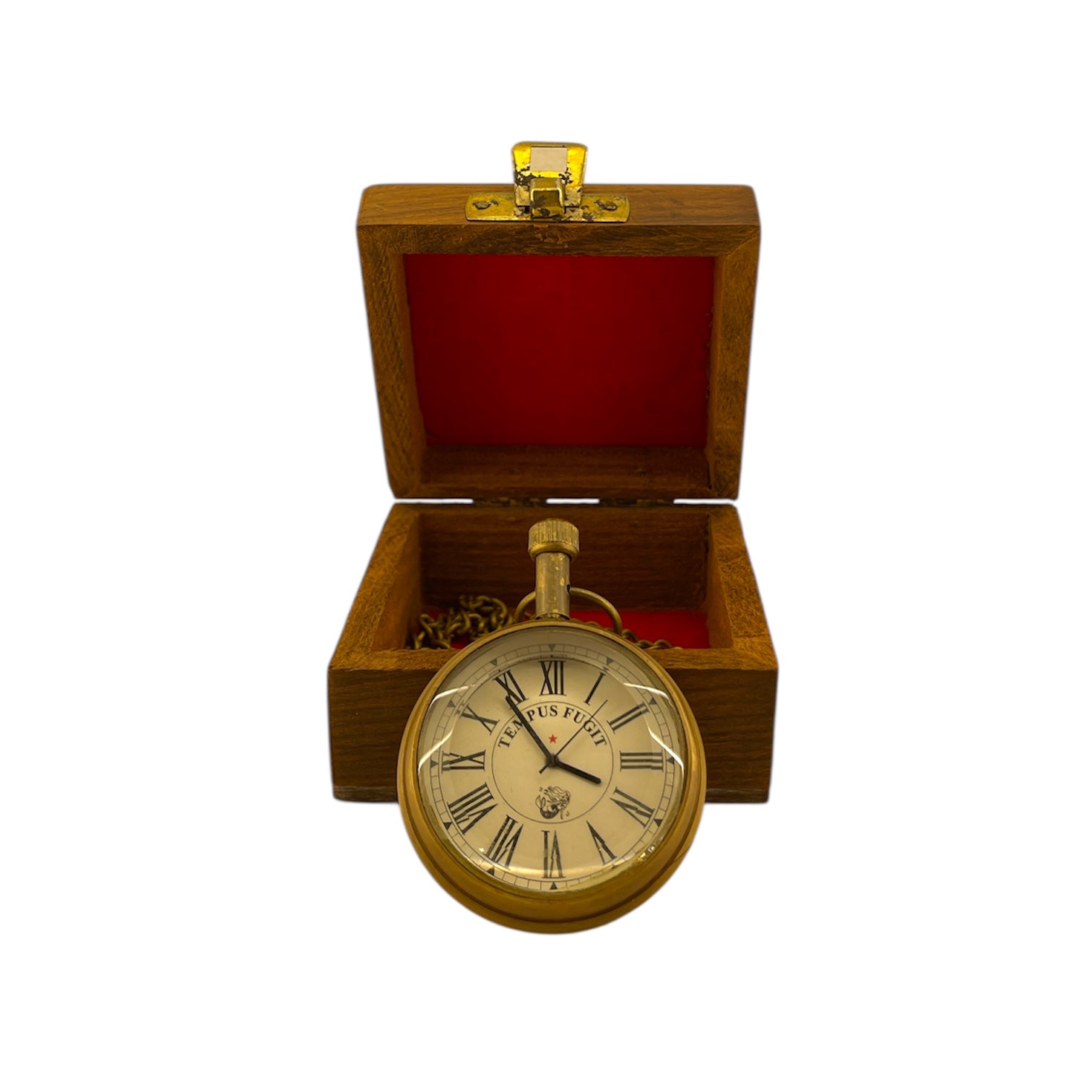 Tempus Fugit Vintage Brass Pocket Watch with Wooden Case