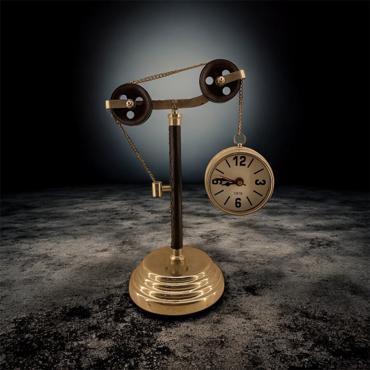 Steampunk Pulley Table Clock – Industrial Brass Finish