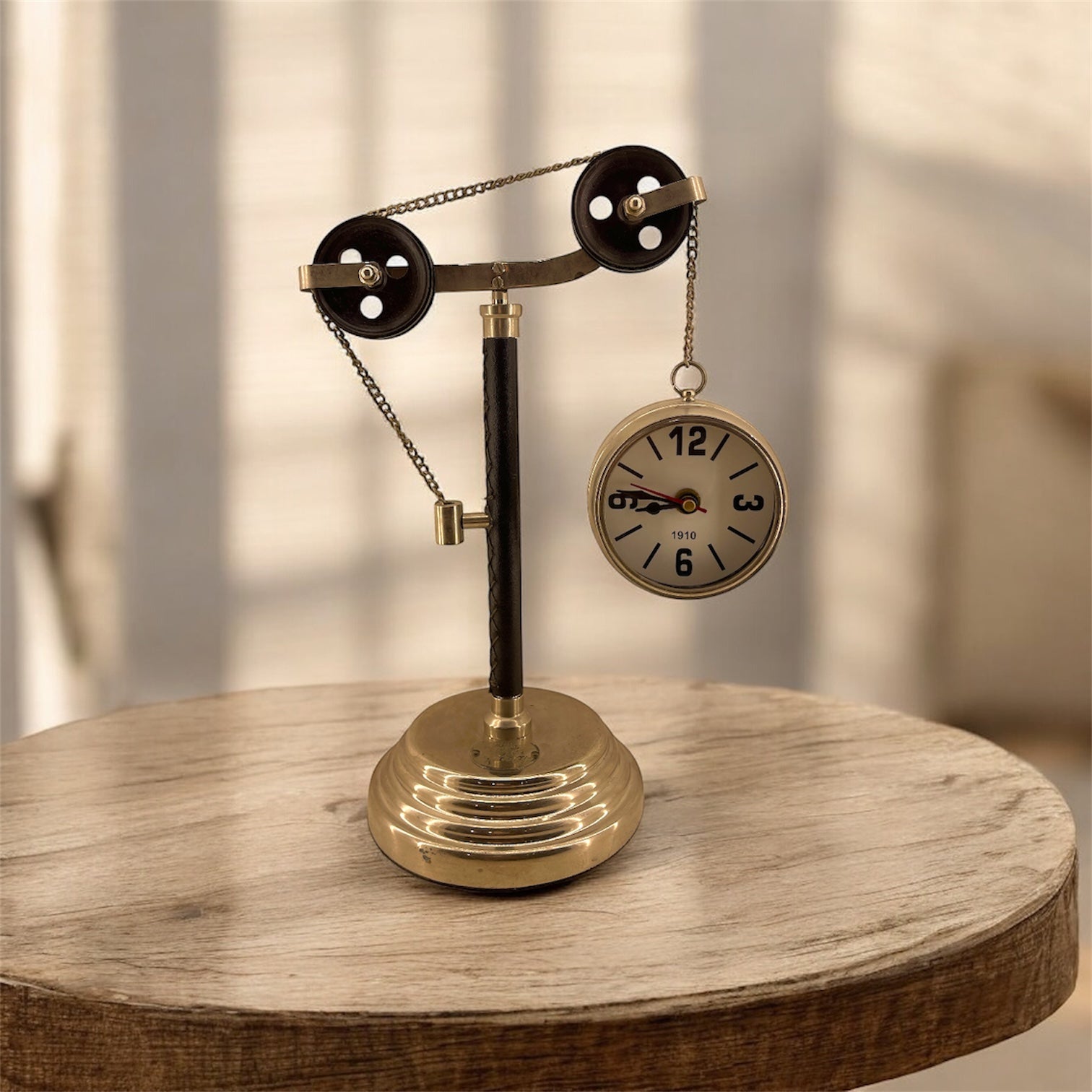 Steampunk Pulley Table Clock – Industrial Brass Finish