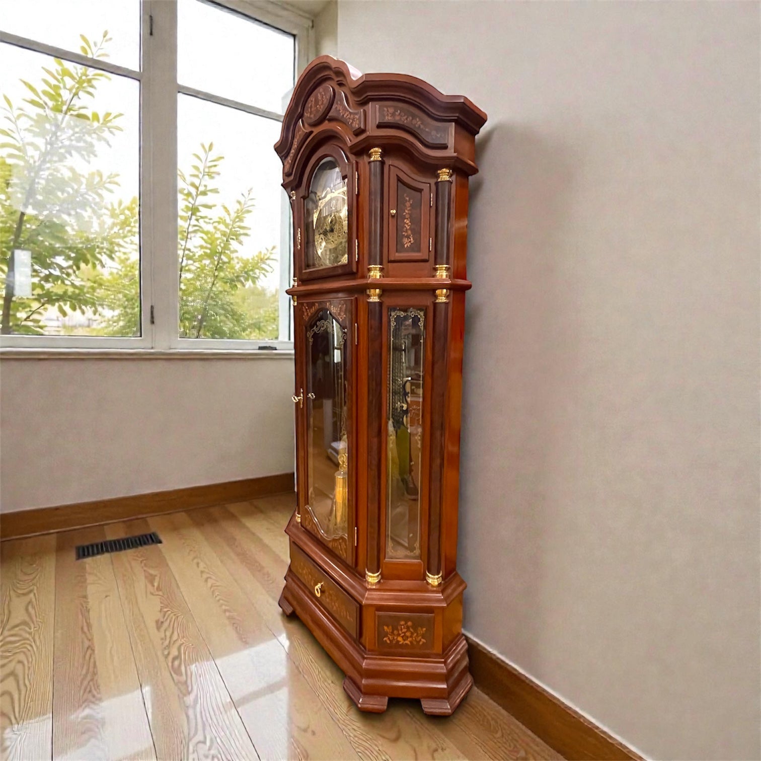 Original German Mechanical Grandfather Clock with Triple Chime, Moon Phase & Marquetry Work (88”)