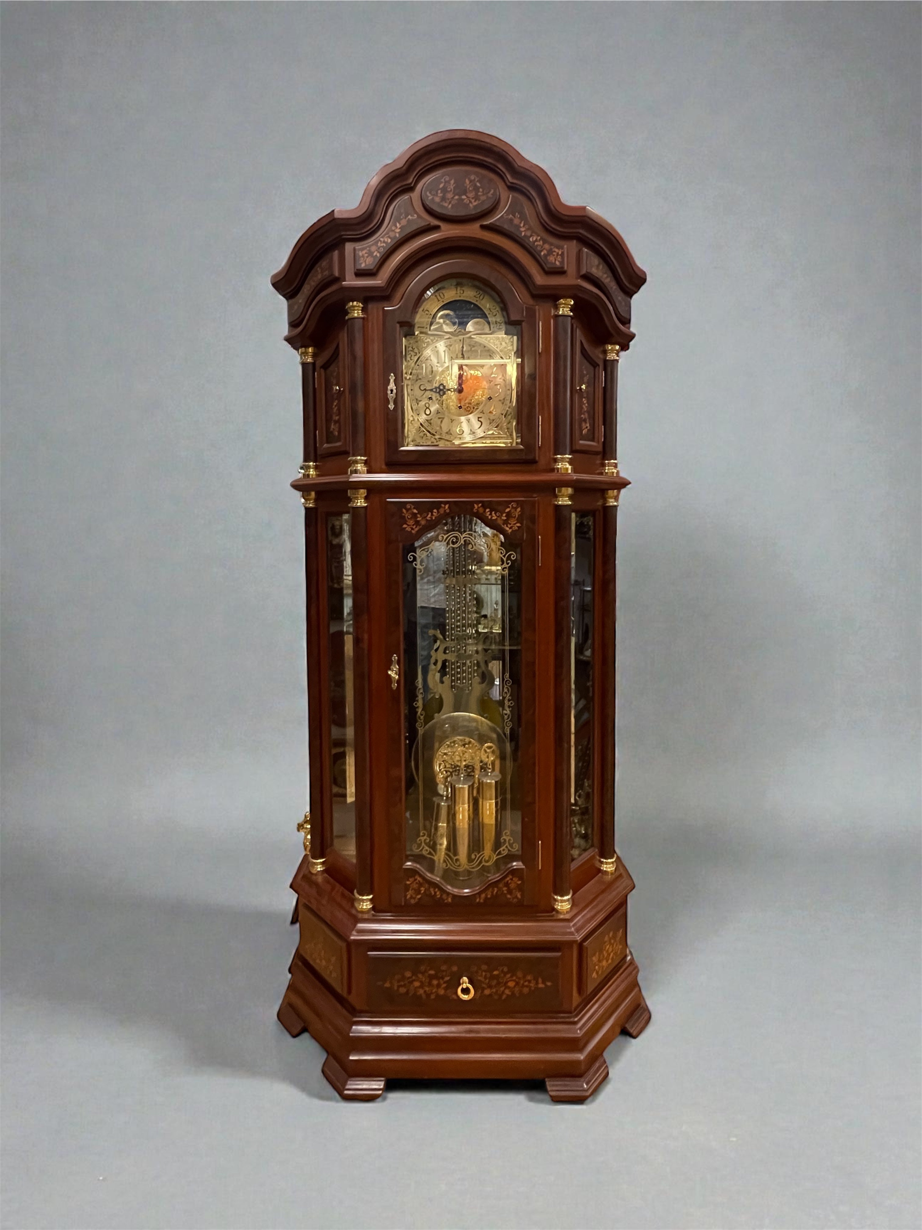 Original German Mechanical Grandfather Clock with Triple Chime, Moon Phase & Marquetry Work (88”)
