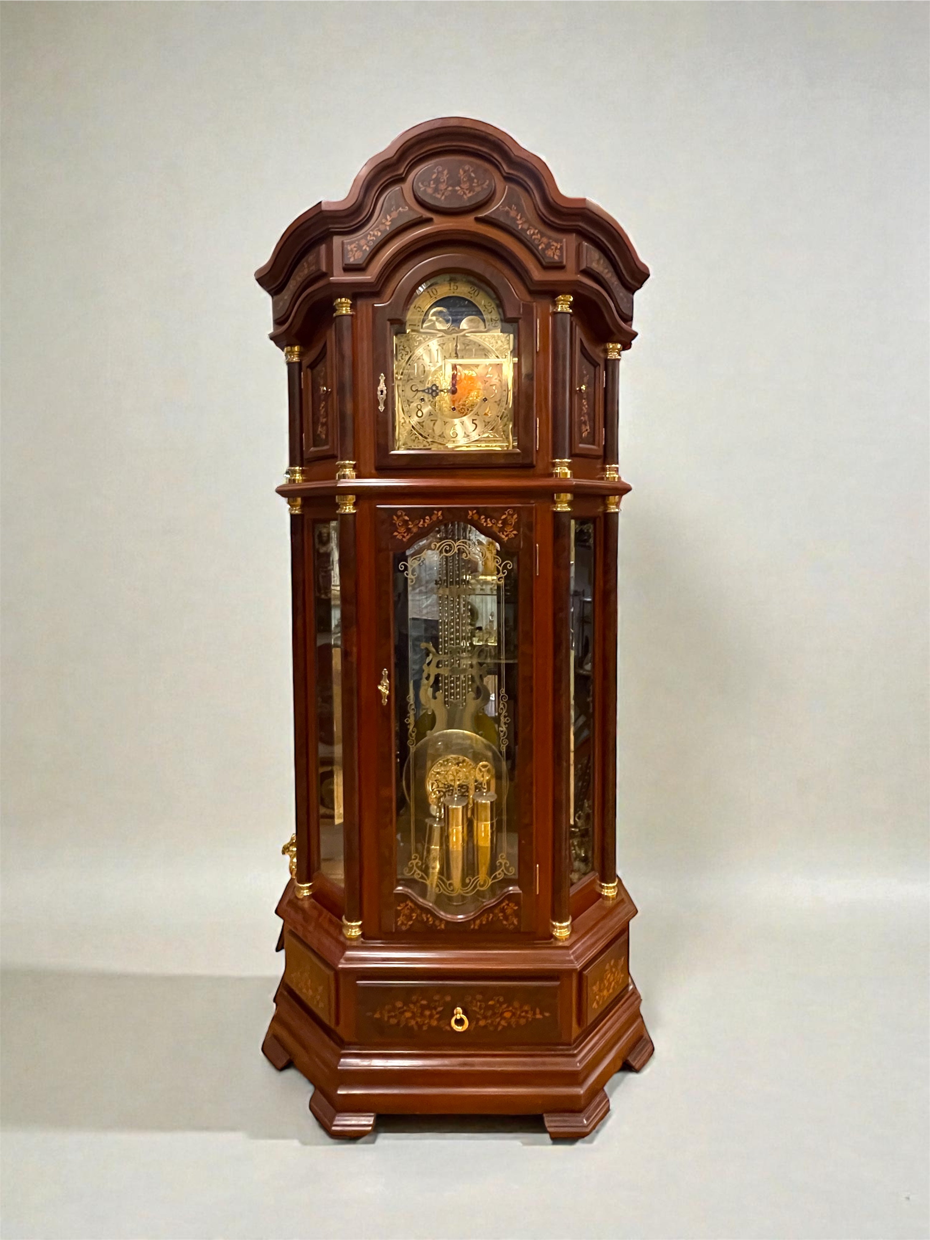 Original German Mechanical Grandfather Clock with Triple Chime, Moon Phase & Marquetry Work (88”)