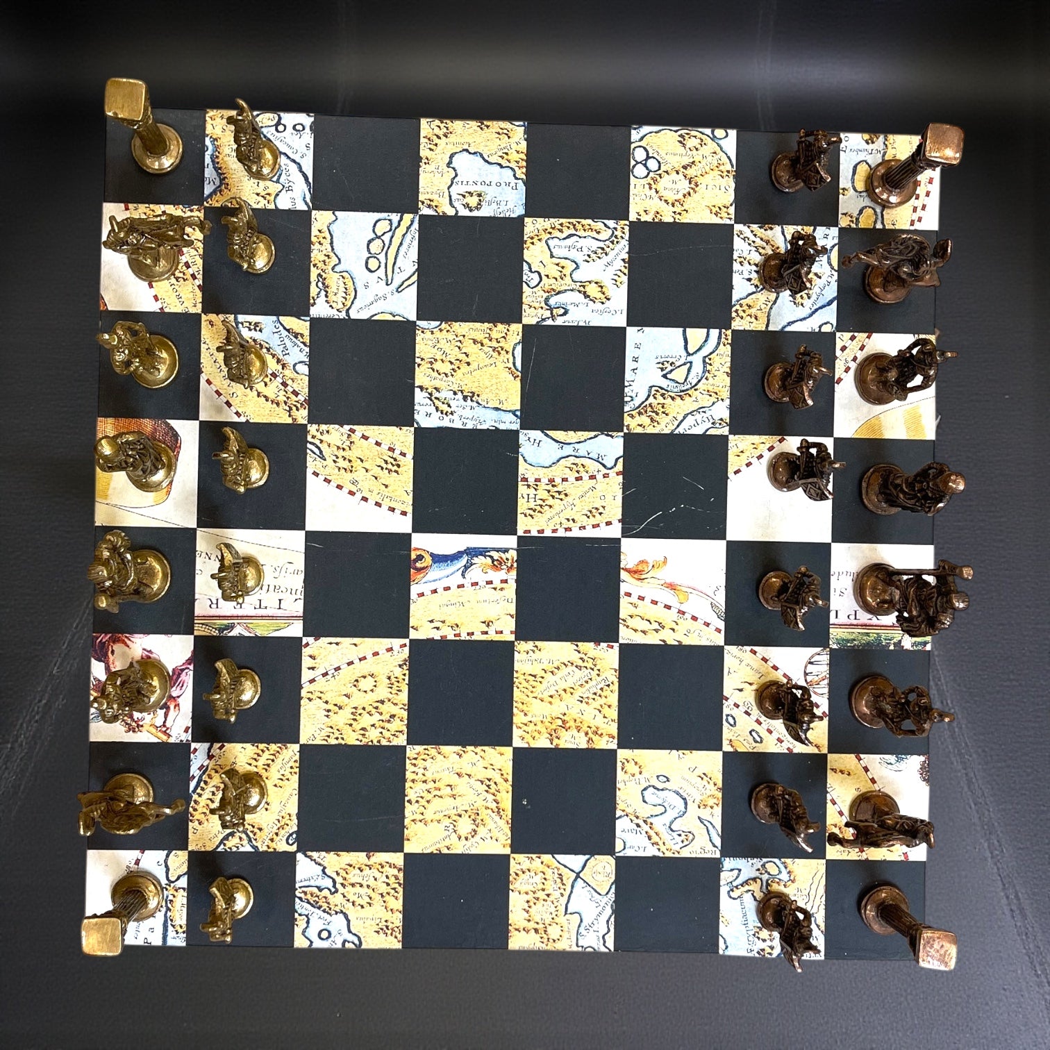 Luxury Brass Chess Set with World Map Board | Dual-Finish Roman Pawns | 16” Handcrafted Wooden Chessboard