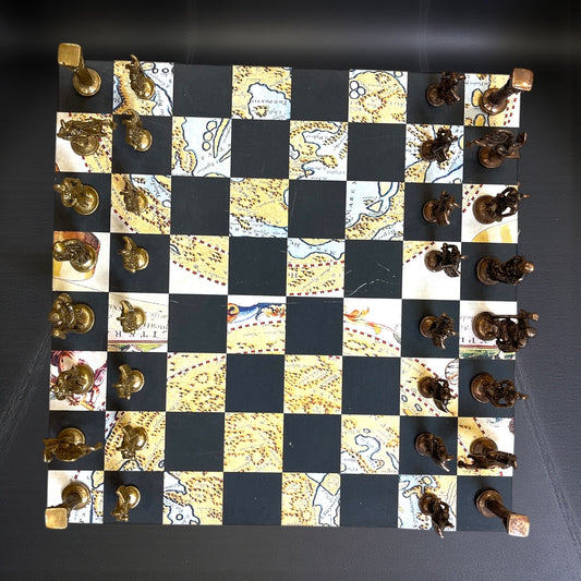 Luxury Brass Chess Set with World Map Board | Dual-Finish Roman Pawns | 16” Handcrafted Wooden Chessboard