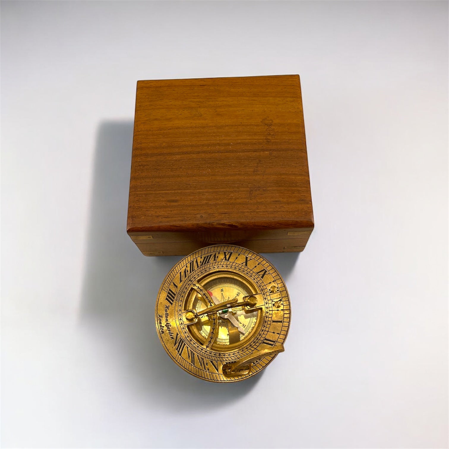 Antique Brass Sundial Compass with Wooden Presentation Box