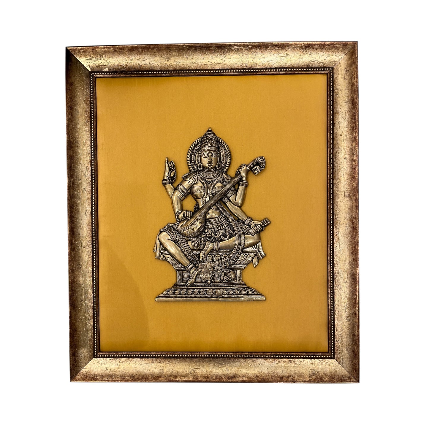 Brass Saraswati on White silk Backdrop in Wooden frame