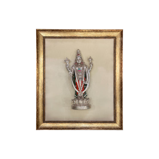 Tirupati Silver on White Silk Backdrop in Antique Gold Moulded Frame