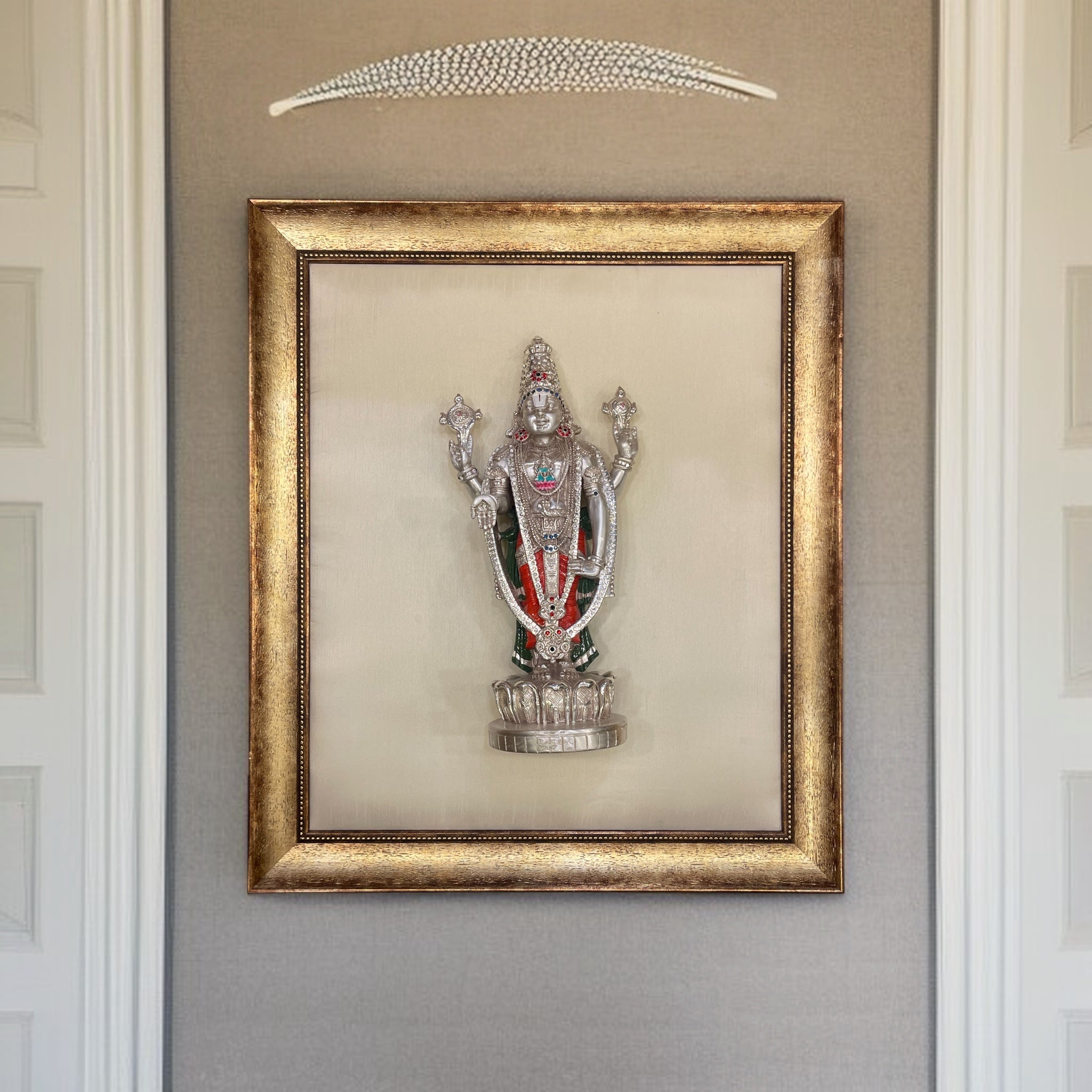 Tirupati Silver on White Silk Backdrop in Antique Gold Moulded Frame