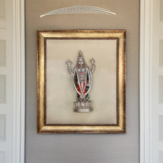 Tirupati Silver on White Silk Backdrop in Antique Gold Moulded Frame