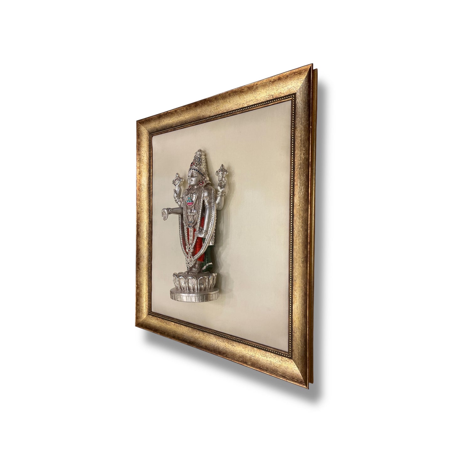 Tirupati Silver on White Silk Backdrop in Antique Gold Moulded Frame