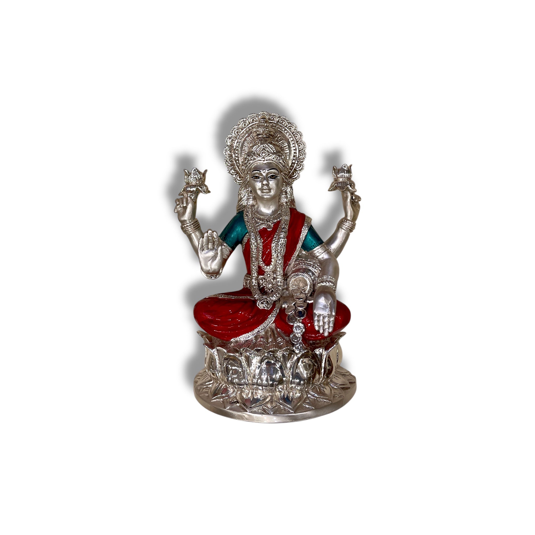 Ganesh Laxmi Silver on White Silk Backdrop in Antique Gold Moulded Frame