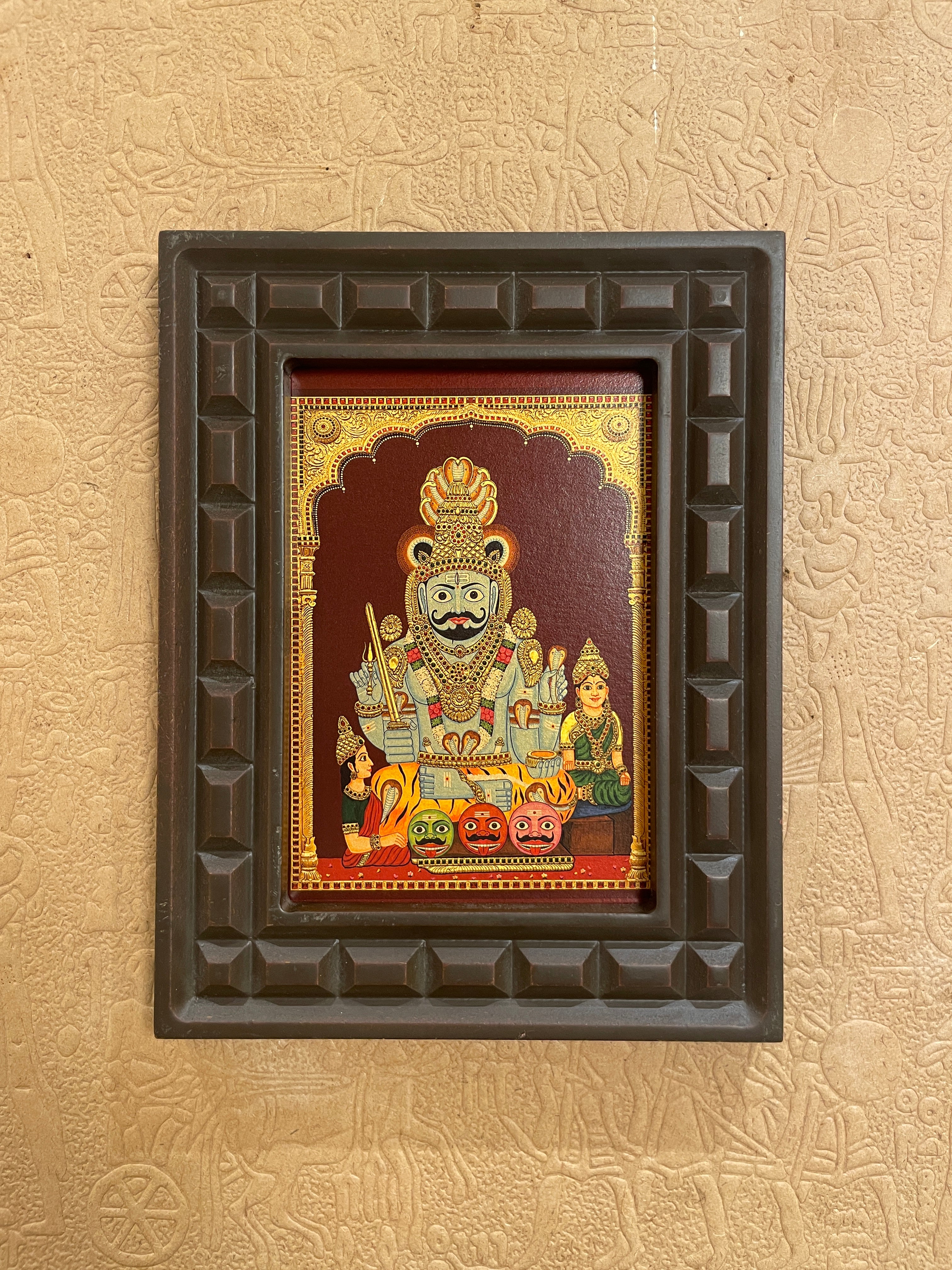 Komuravelli Mallanna Swamy Gold Leaf Art Frame | Premium Wooden Devotional Wall Decor | Divine Hindu God Artwork for Pooja Room