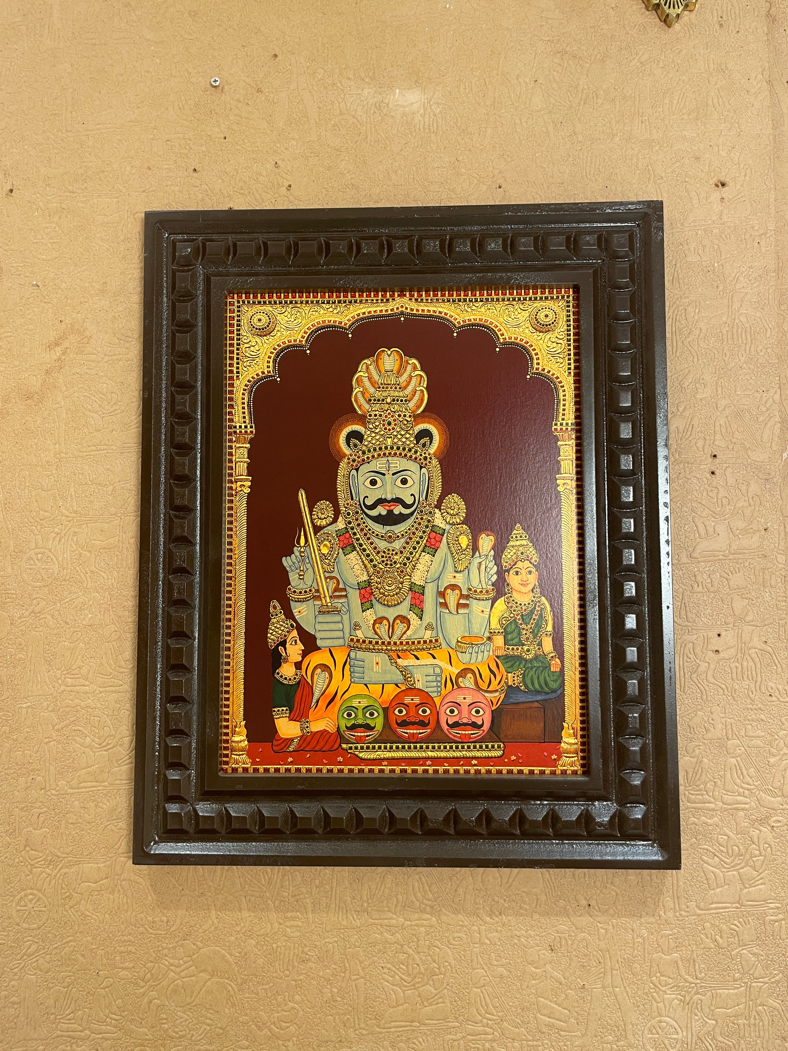 Komuravelli Mallanna Swamy Gold Leaf Art Frame | Premium Wooden Devotional Wall Decor | Divine Hindu God Artwork for Pooja Room