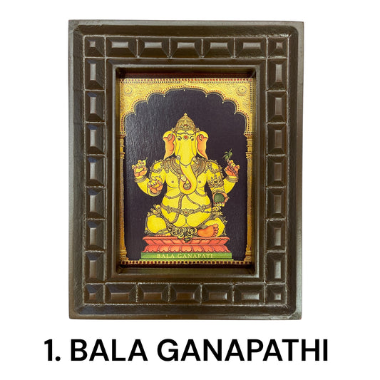 Sacred 32 Forms of Ganesha Gold Leafed Art in Wooden Frame