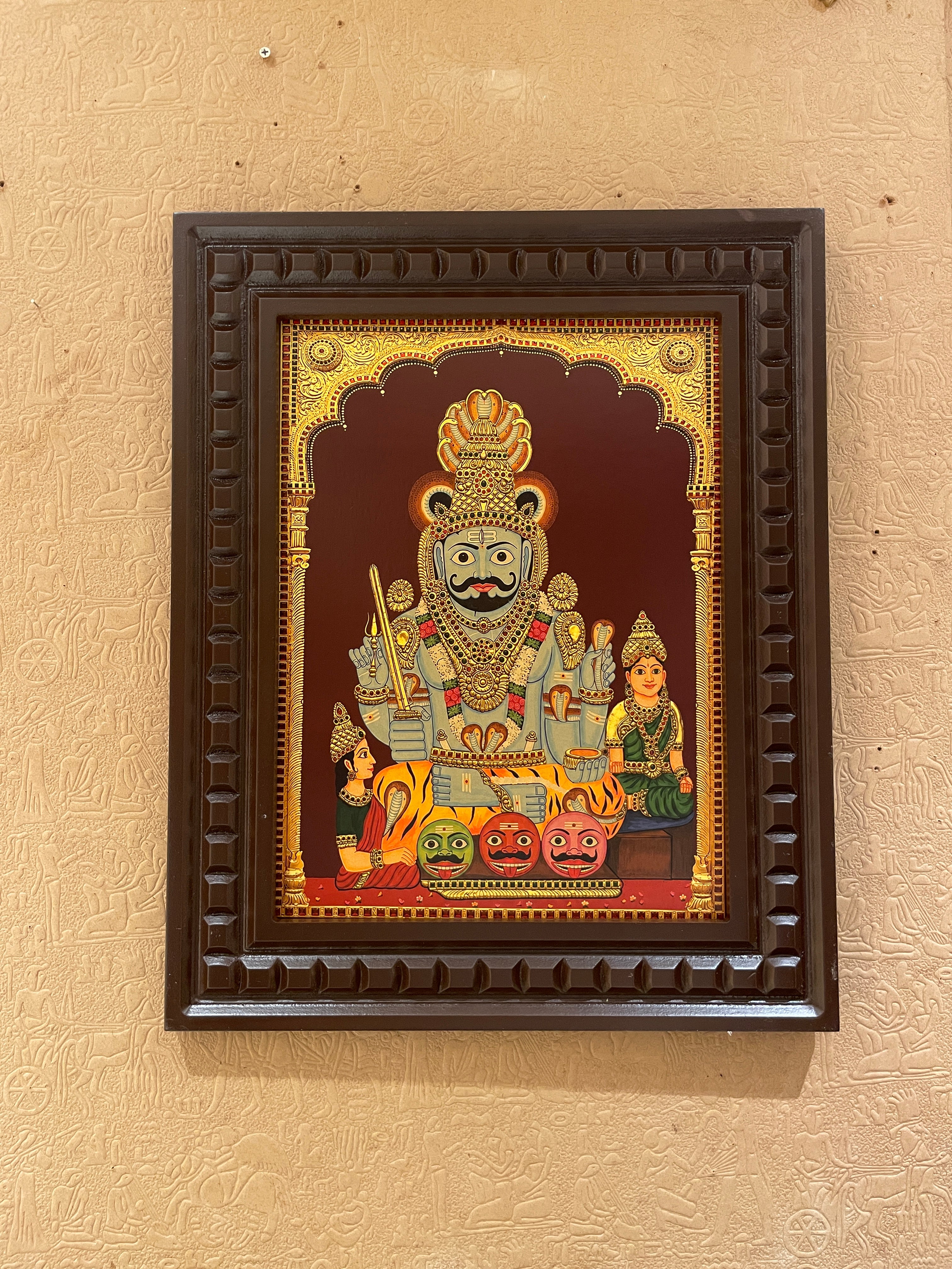Komuravelli Mallanna Swamy Gold Leaf Art Frame | Premium Wooden Devotional Wall Decor | Divine Hindu God Artwork for Pooja Room
