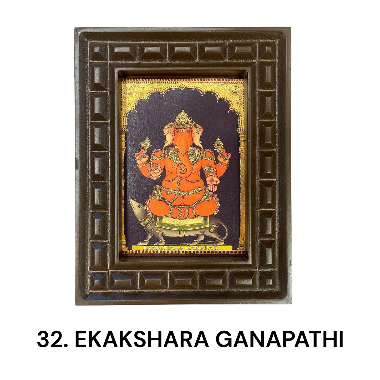 Sacred 32 Forms of Ganesha Gold Leafed Art in Wooden Frame