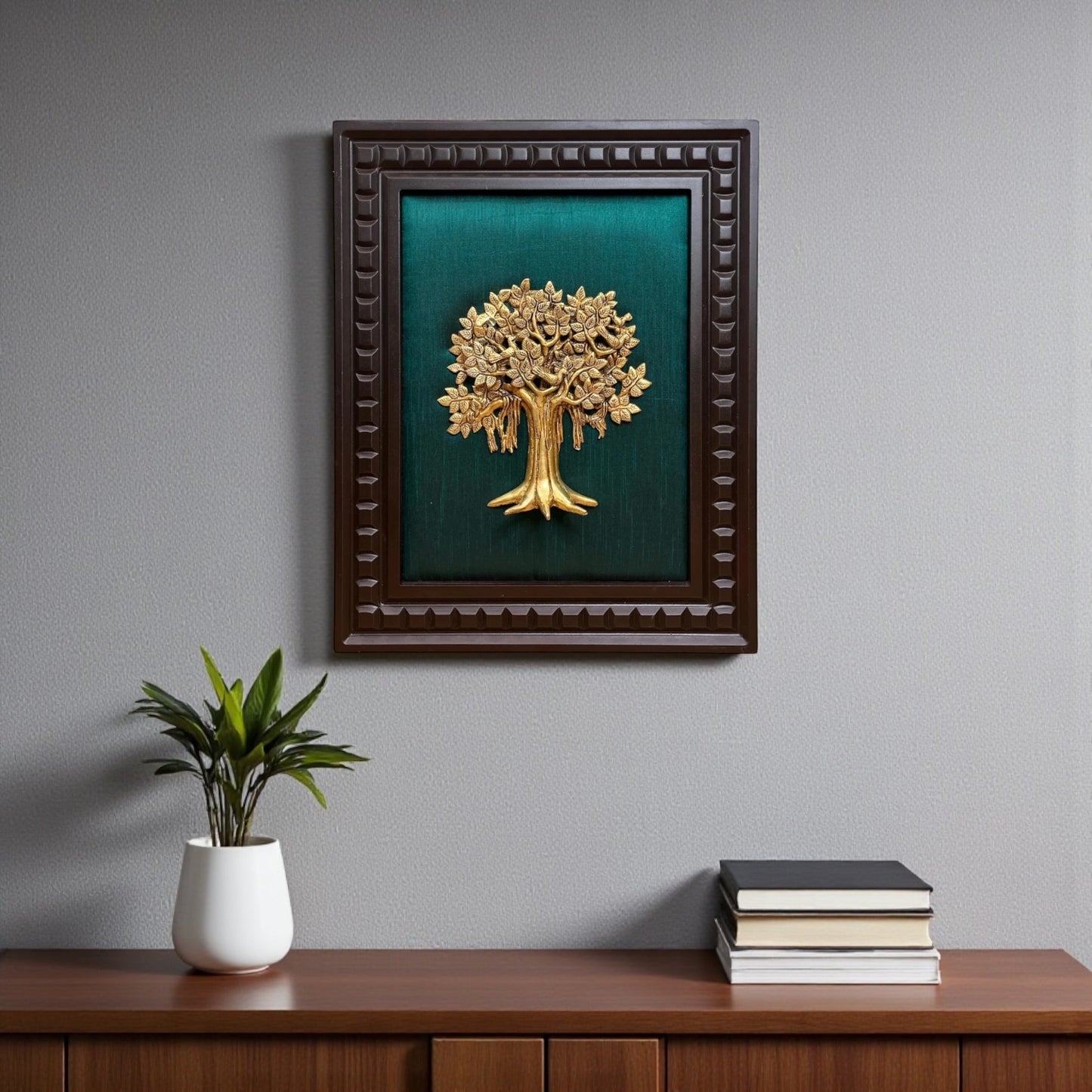 Brass Kalpavriksha with Dark green silk backdrop in wooden frame