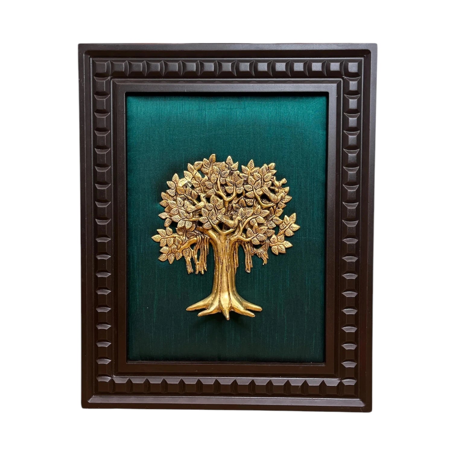 Brass Kalpavriksha with Dark green silk backdrop in wooden frame