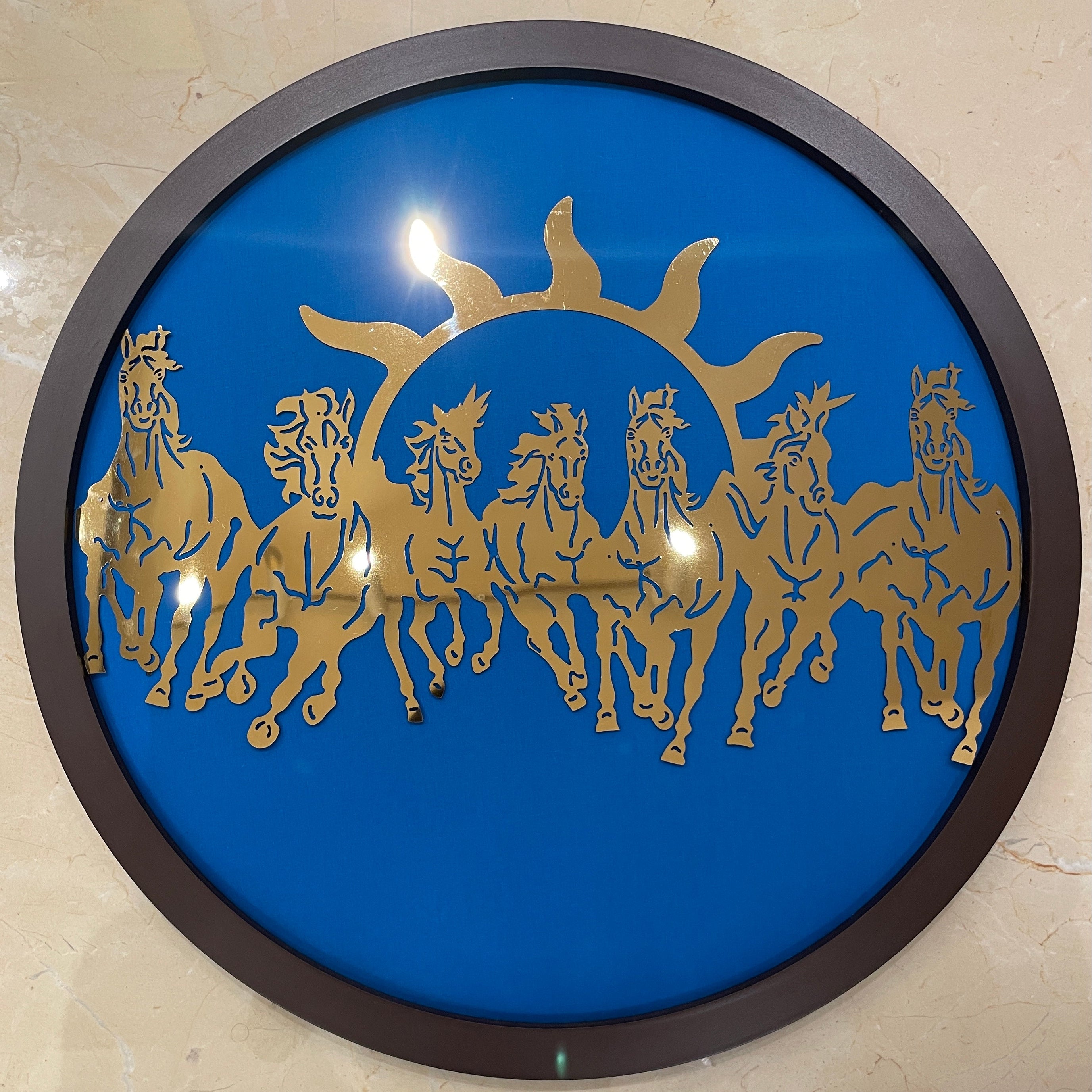 7 Running Horses Titanium Metal Wall Art | Blue Silk Backdrop