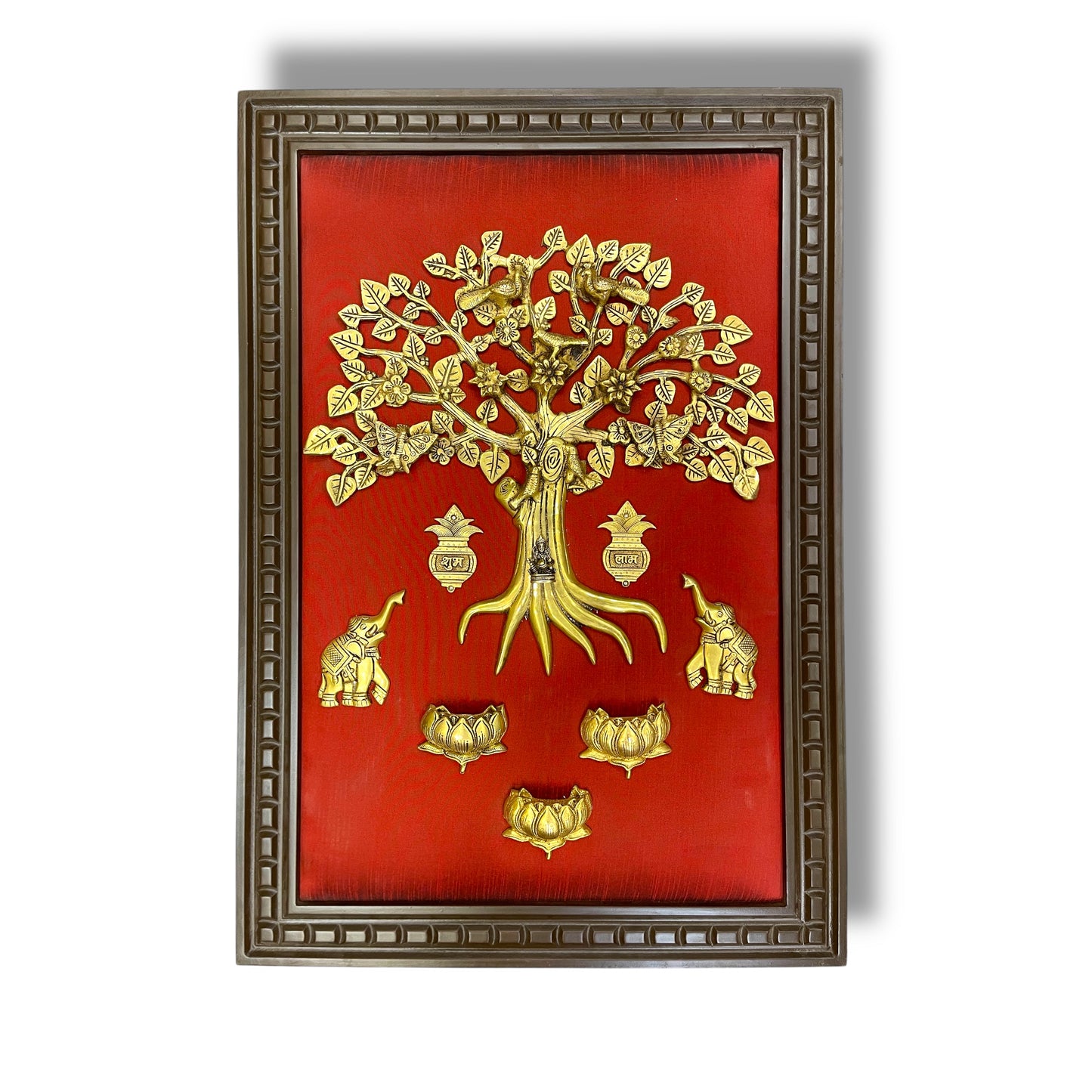 Brass Kalpavriksha with Kamadhenu & Lotus – Sacred Wall Art on Red Backdrop