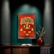 Brass Kalpavriksha with Kamadhenu & Lotus – Sacred Wall Art on Red Backdrop