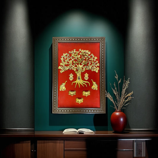 Brass Kalpavriksha with Kamadhenu & Lotus – Sacred Wall Art on Red Backdrop